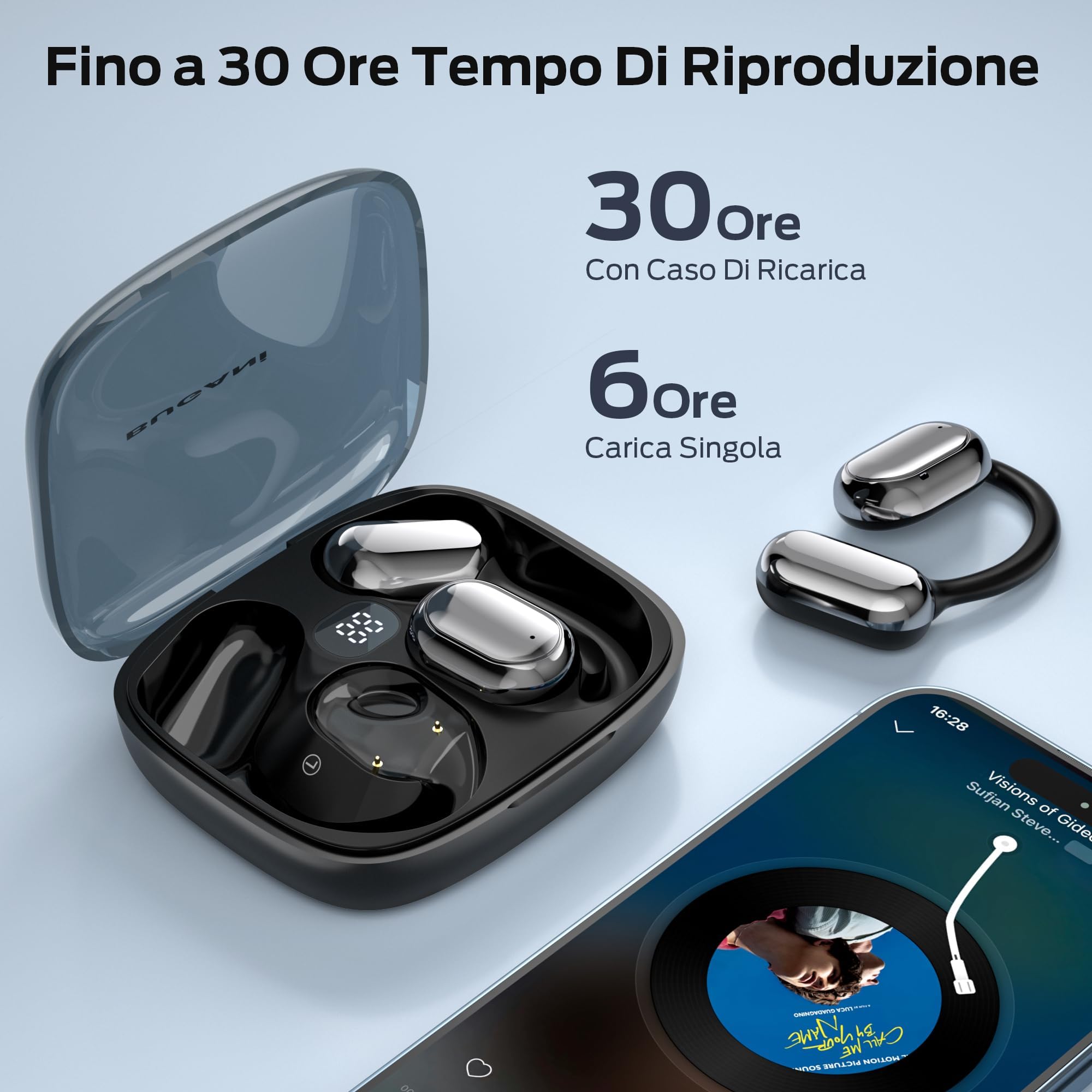 BUGANI Cuffie Bluetooth, Auricolari Wireless Open Ear Bluetooth 5.4, 30 Ore, Driver Di Grande Dimensioni Da 16,2 mm, Over Earbuds, Auricolari Sportivi Impermeabili Per Esterno