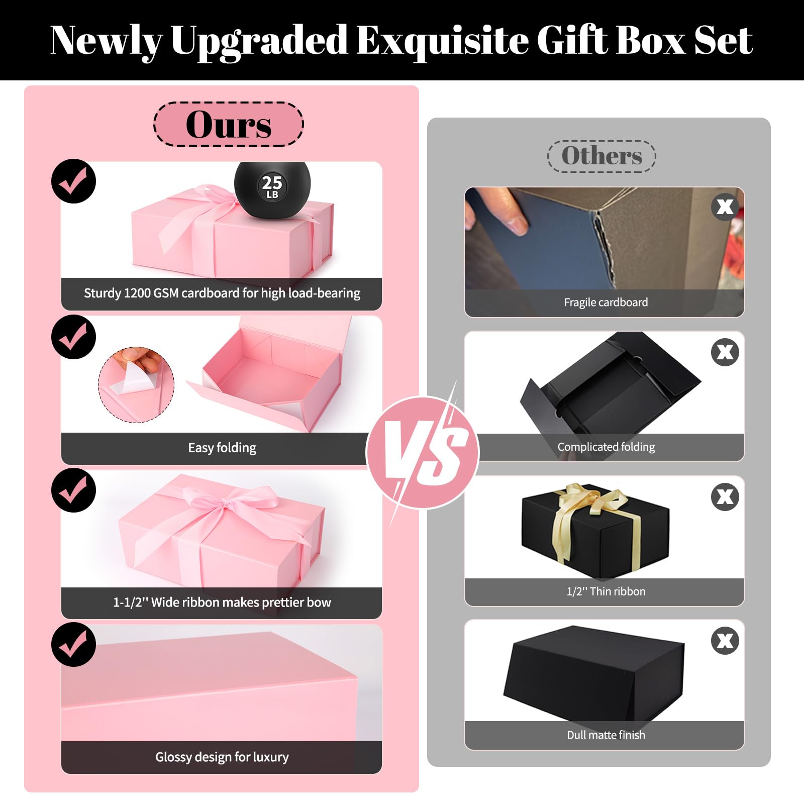 Pink Gift Box 11’’x7.2”x3.5”, Glossy Magnetic Gift Box with Lid for Present Contains 1-1/2’’ Widened Ribbon, Liner Paper, Card for Christmas, Valentine's Day, Wedding, Birthday