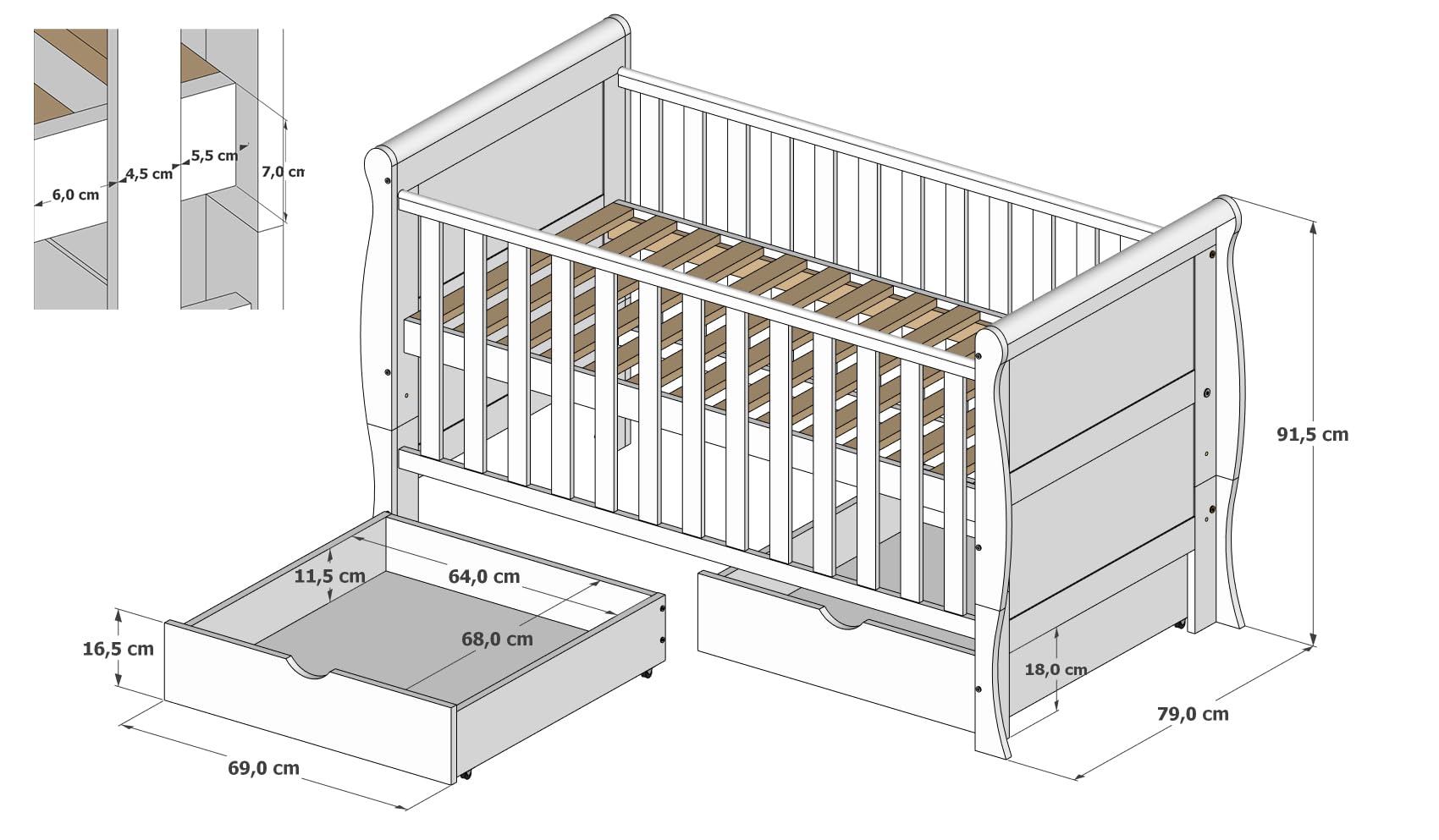 zee Cuna Bebé Blanca 140x70 Scarlet 3 en 1 con Cajones