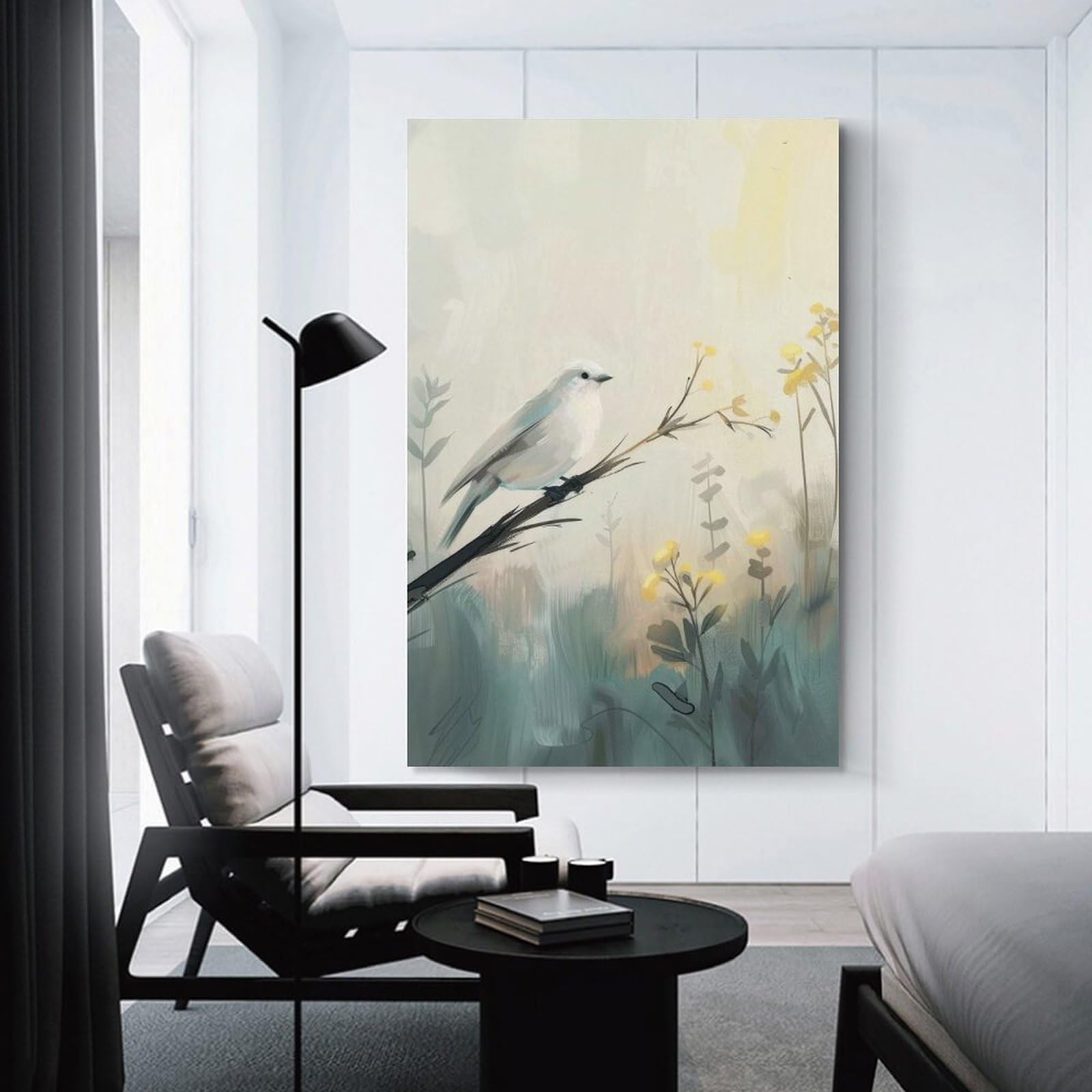 Junmoney Unframe-Style-14 Canvas Wall Decor White Bird On Branch Digital Painting, 24X36inch(60X90cm), For Home Lounge, Bedroom Or Reading Nook, Eye Catching Artwork For Blank Walls