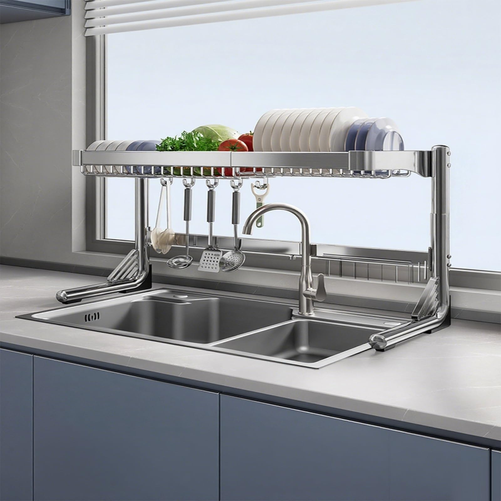Genérico Escurreplatos Multifuncional expandible - Ahorra Espacio en el Fregadero, diseño Duradero de una Sola Capa para la Cocina y organización del Escritorio (Plateado)