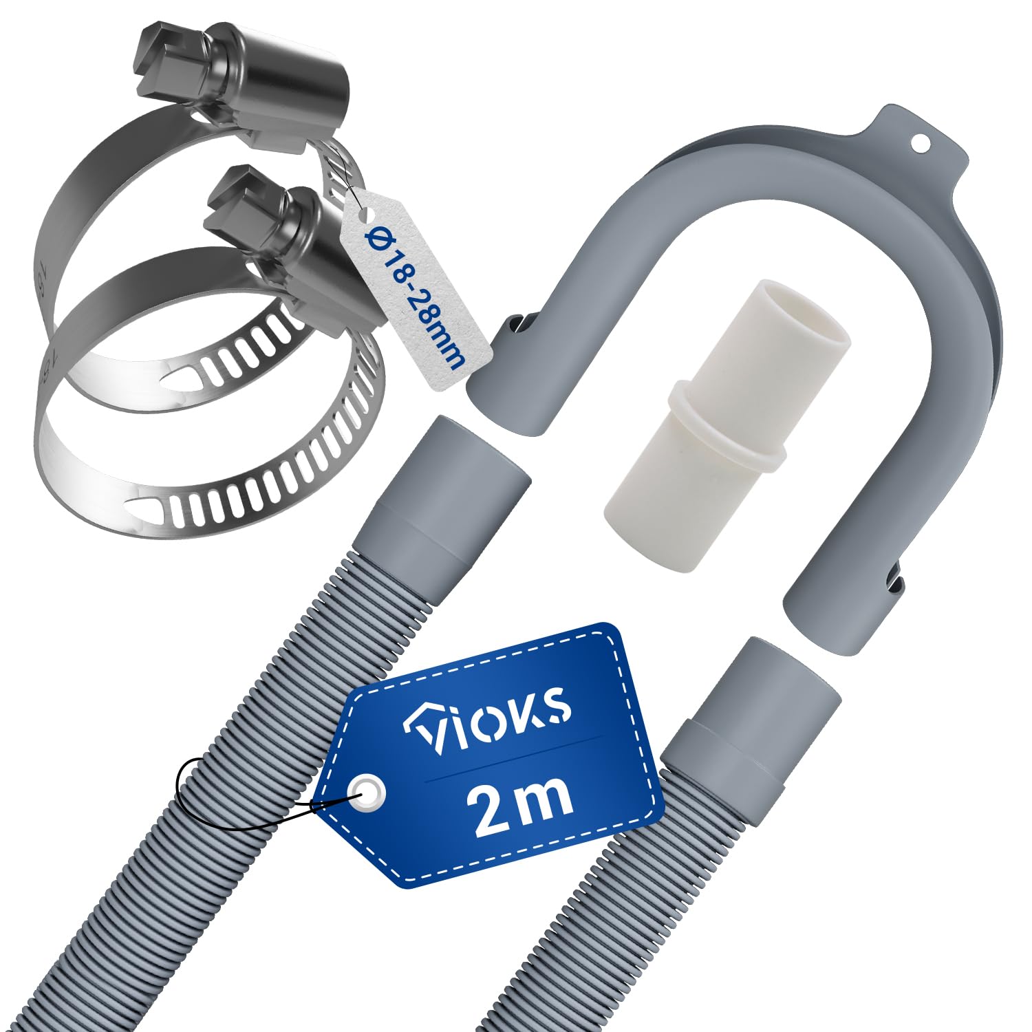 VIOKS Set Flexibler Abwasserschlauch Spülmaschine 2 Meter 19/22mmØ + 2x Klemmen Schlauchschellen Edelstahl 18-28mmØ + 1x Schlauch Verbindungsstück + 1x Haltebogen - Ablaufschlauch Waschmaschine Set