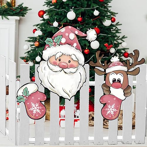 Miniatura 3 de Letrero de jardín de Navidad rosa con diseño de Papá Noel para patio, guantes de Navidad, alce, reno, adorno para decoración de árbol de patio al