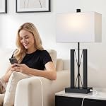 Lolikit Table Lamps for Living Room Set of 2, Modern Table Lamp with 2 USB Charging Ports, Nightstand Geometric Bedside Lamp with White Shade for Bedroom End Table Desk Office(2 LED Bulb Included)