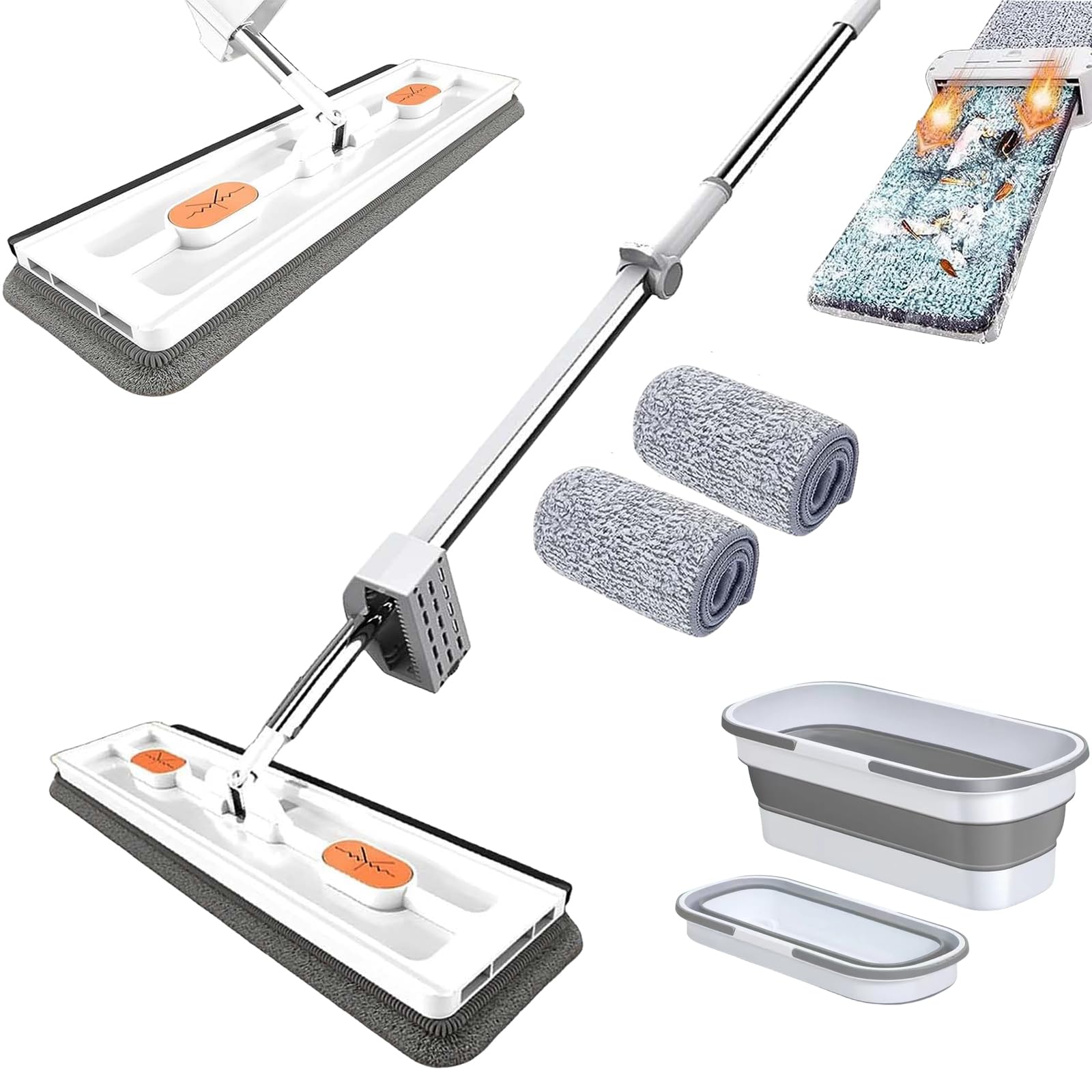 Large Flat Mop, Self-Contained Dewatering Scraper Mop, 360° Rotating Mop with Scraper, with 2 Microfiber Pads, for Floors, Corner, Window (White with