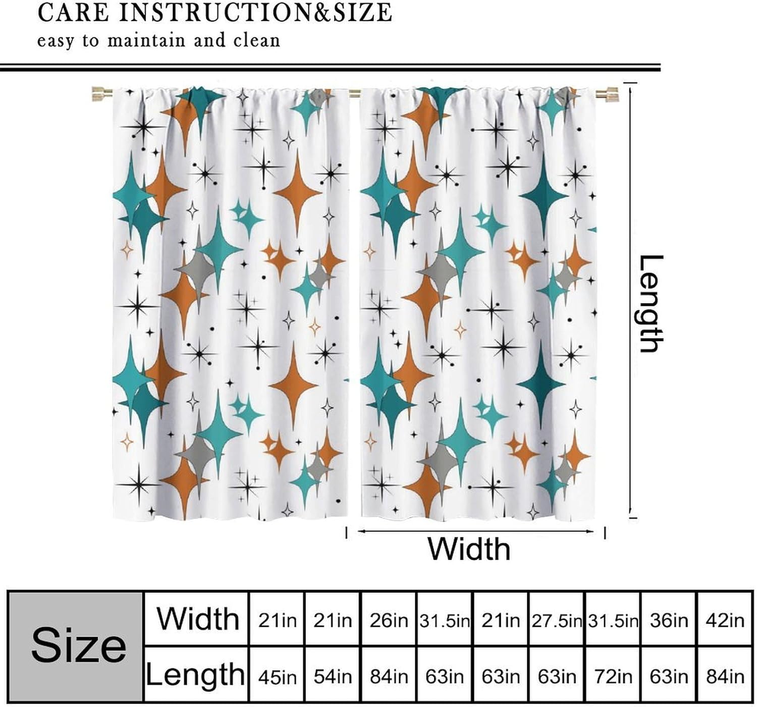 Mid Century Modern Blackout Curtains Vintage Teal Orange Geometric Atomic Abstract Pattern 1950s 1960s Retro Style Windows Treatments Rod Pocket for Girls Living Room Bedroom Kitchen 55x63In