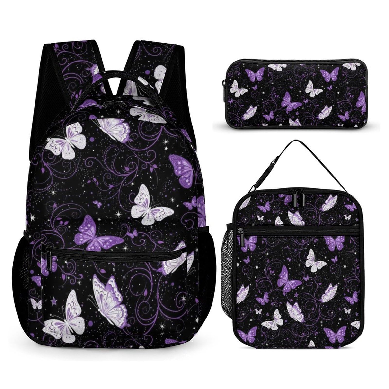 Ensemble sac à dos de voyage avec sac à lunch et trousse de maquillage, violet papillon, boîte et rangement
