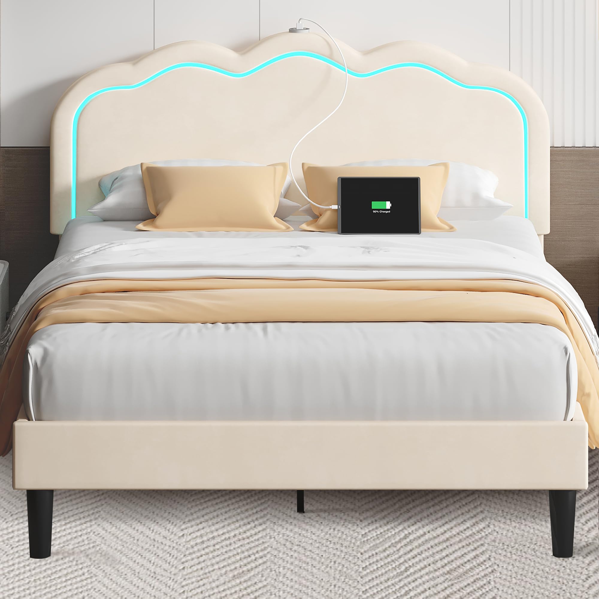 VECELO Upholstered Queen Size Bed Frame with Headboard Adjustable, LED Lights, USB-A & Type-C, Velvet Platform Bed Noise Free, Mattress Foundation with Wooden Slats, No Box Spring Needed, Beige