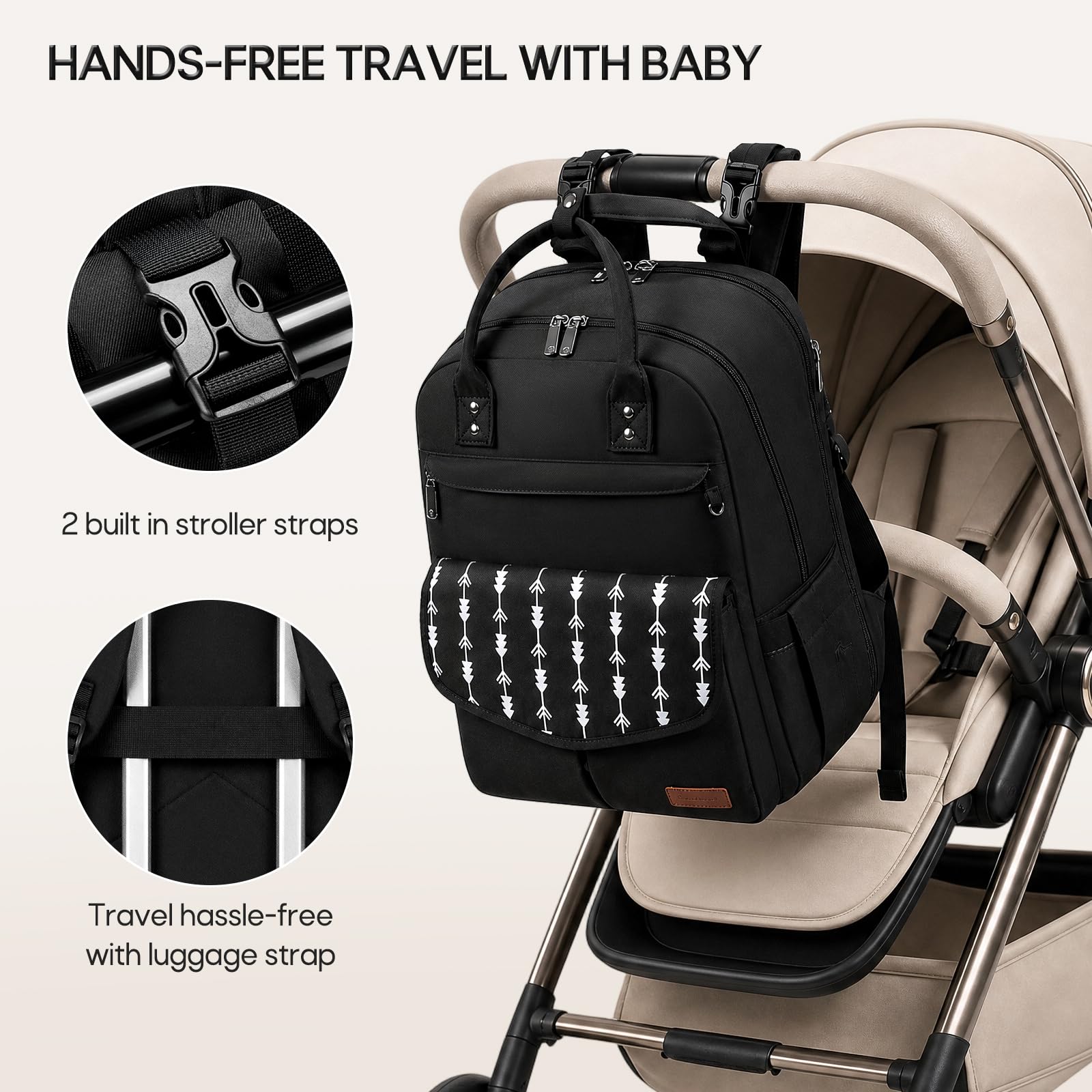 RAINSMORE Zaino fasciatoio neonato con fasciatoio portatile nero | Zaino fasciatoio impermeabile con porta ciuccio, tasche termiche, accesso biberon una mano e cinghie passeggino integrate