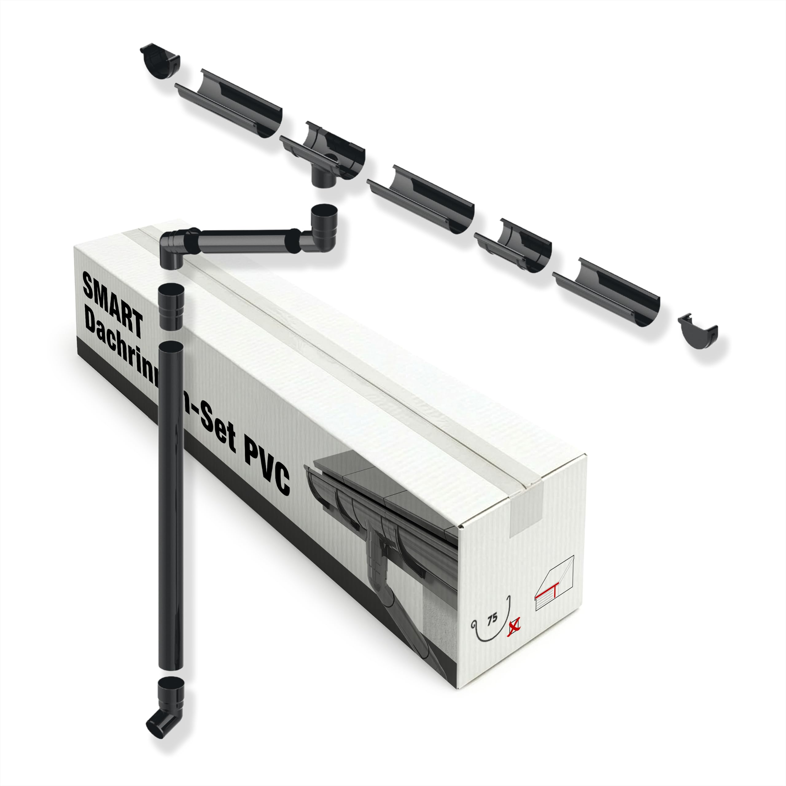 SMART Dachrinnen-Set PVC, 38-teilig, 75/63 mm für 8 m Dachlänge (Grau)