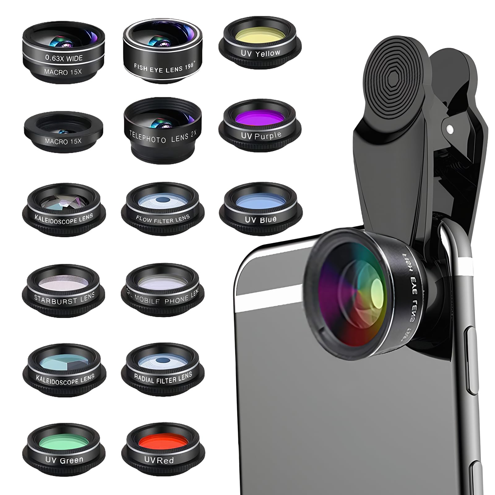 15-in-1 Handy Kamera Objektiv Set, 198° Fisheye, Weitwinkel & 15x Makro, Starlight- und Kaleidoskop-Objektiv mit CPL Filter, Smartphone Linsen kompatibel mit iPhone und den meisten Handys
