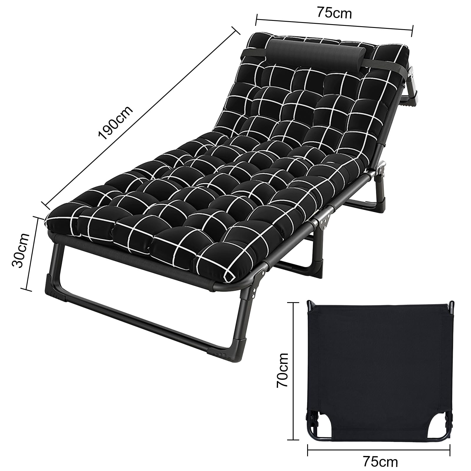 lit pliant 1 personne,Camping lit de bébé,réglable 4-position adultes s'étendant chaise pliante avec oreiller,chaise longue extérieure de bébé, parfait pour le bureau,piscine,plage,patio (noir)