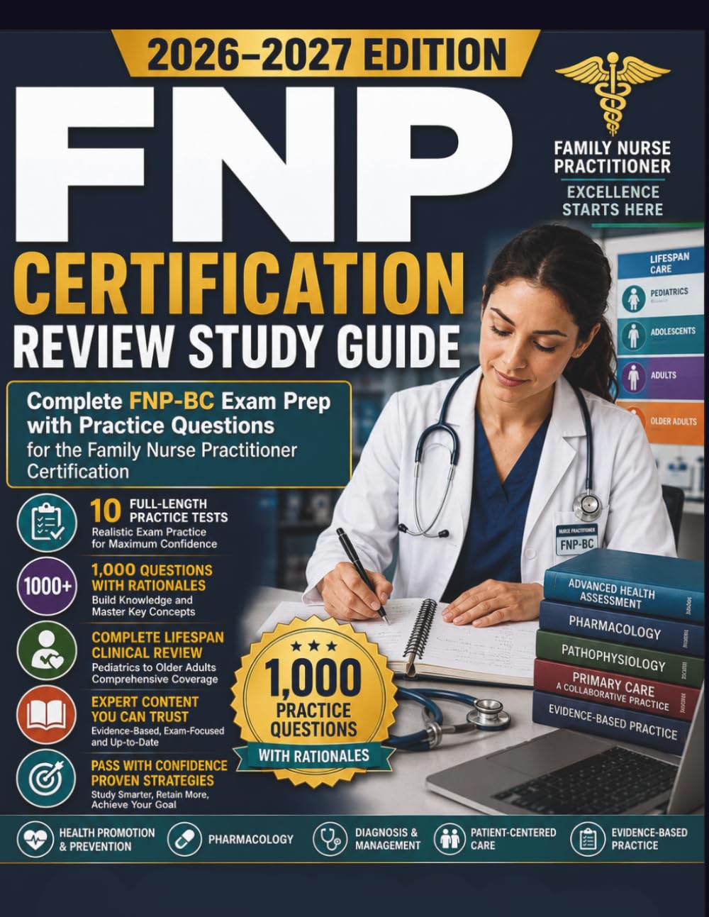 FNP CERTIFICATION REVIEW STUDY GUIDE: Complete FNP-BC Exam Prep with Practice Questions for the Family Nurse Practitioner Certification 10 Full-Length Practice Tests • 1,000 Questions with Rationales