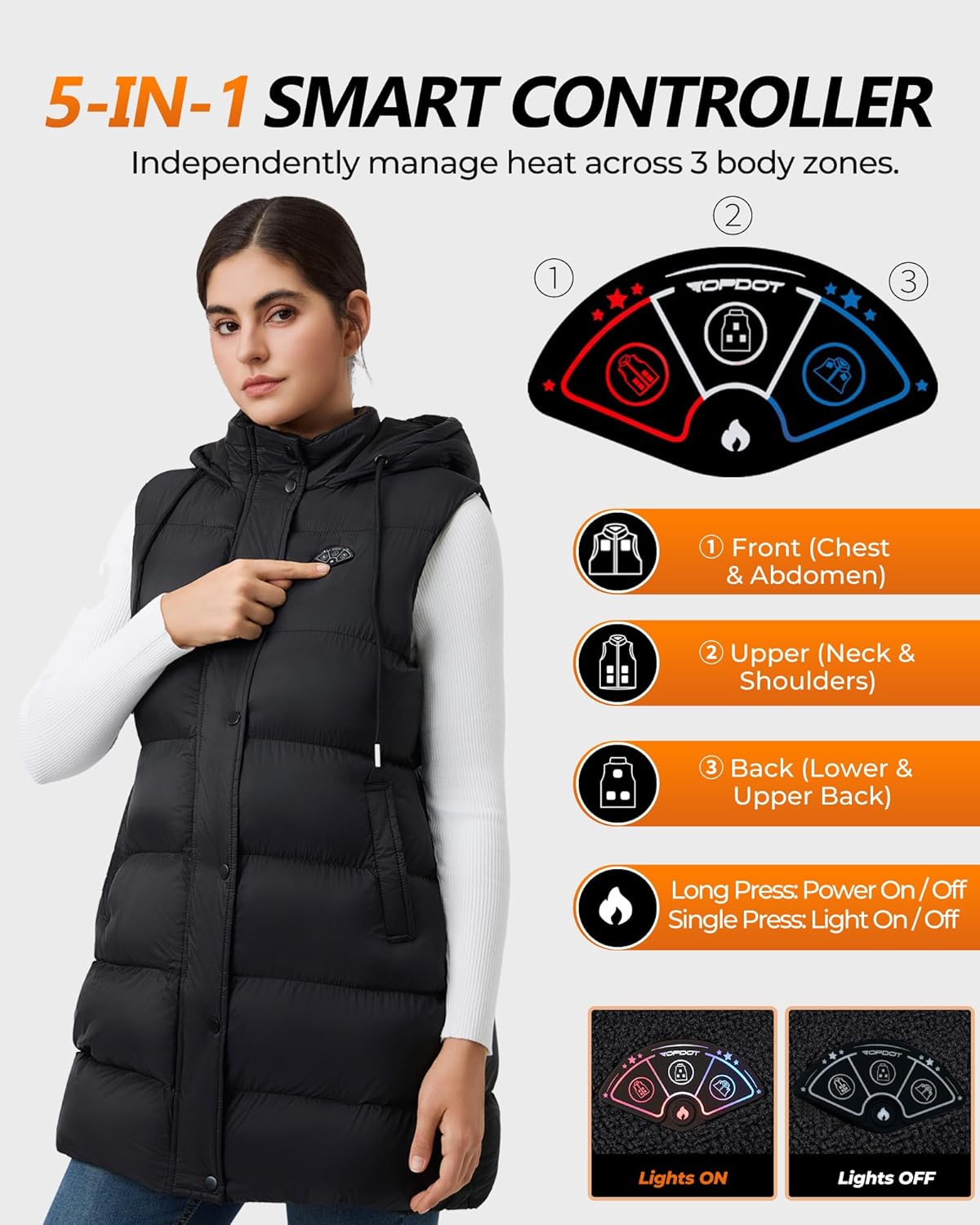 Long Puffer Heated Vest for Women with 16000mAh Battery Pack, 10 Heating Zones Hooded Winter Women's Heated Vest Outwear - Image 3