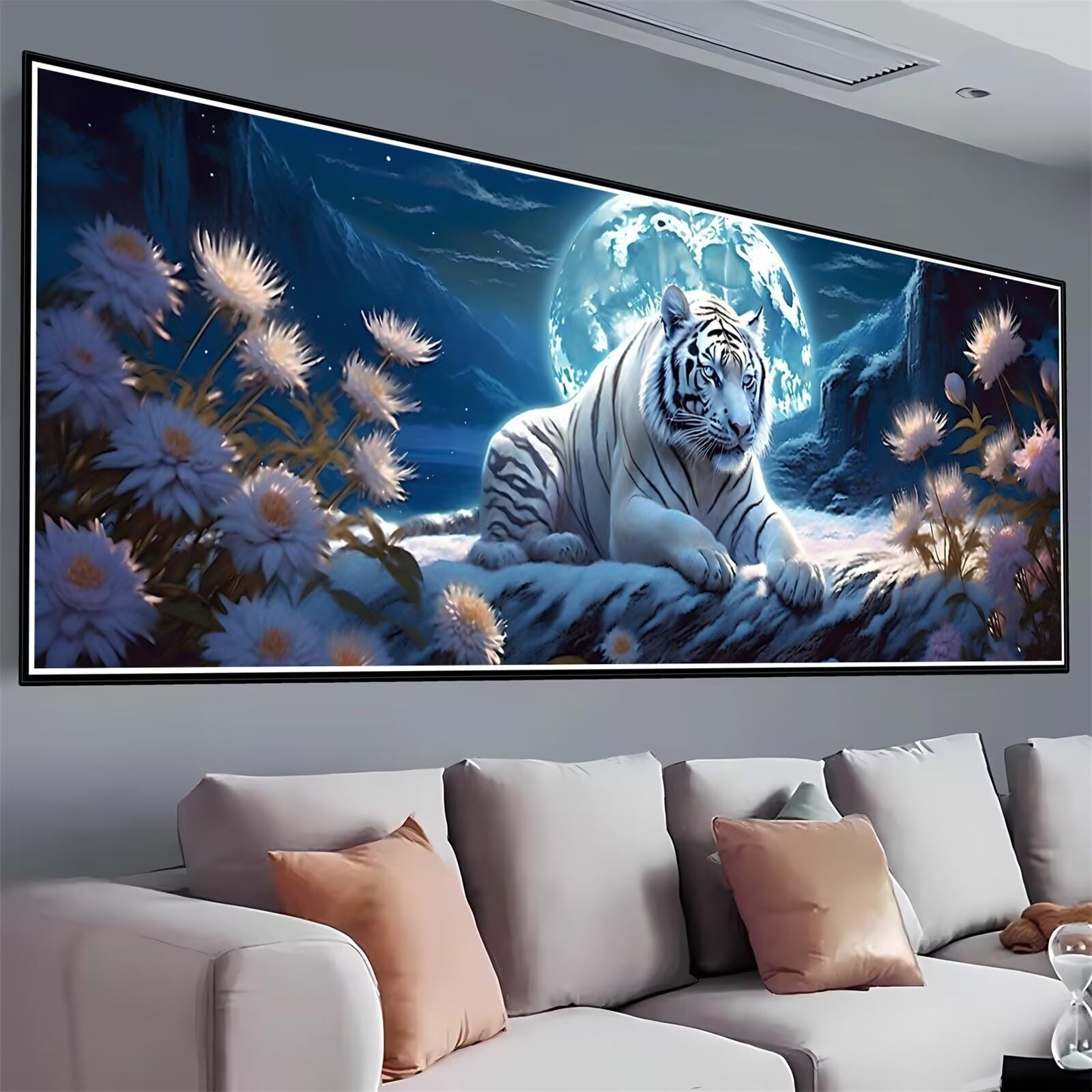 Weißer Tiger Diamond Painting Groß XXL 150x50cm, Diamond Painting Set Basteln Erwachsene, 5D DIY Mond Diamant Painting Bilder Erwachsene, Diamond Painting Großes für Zimmer Wand Deko Aesthetic E-5