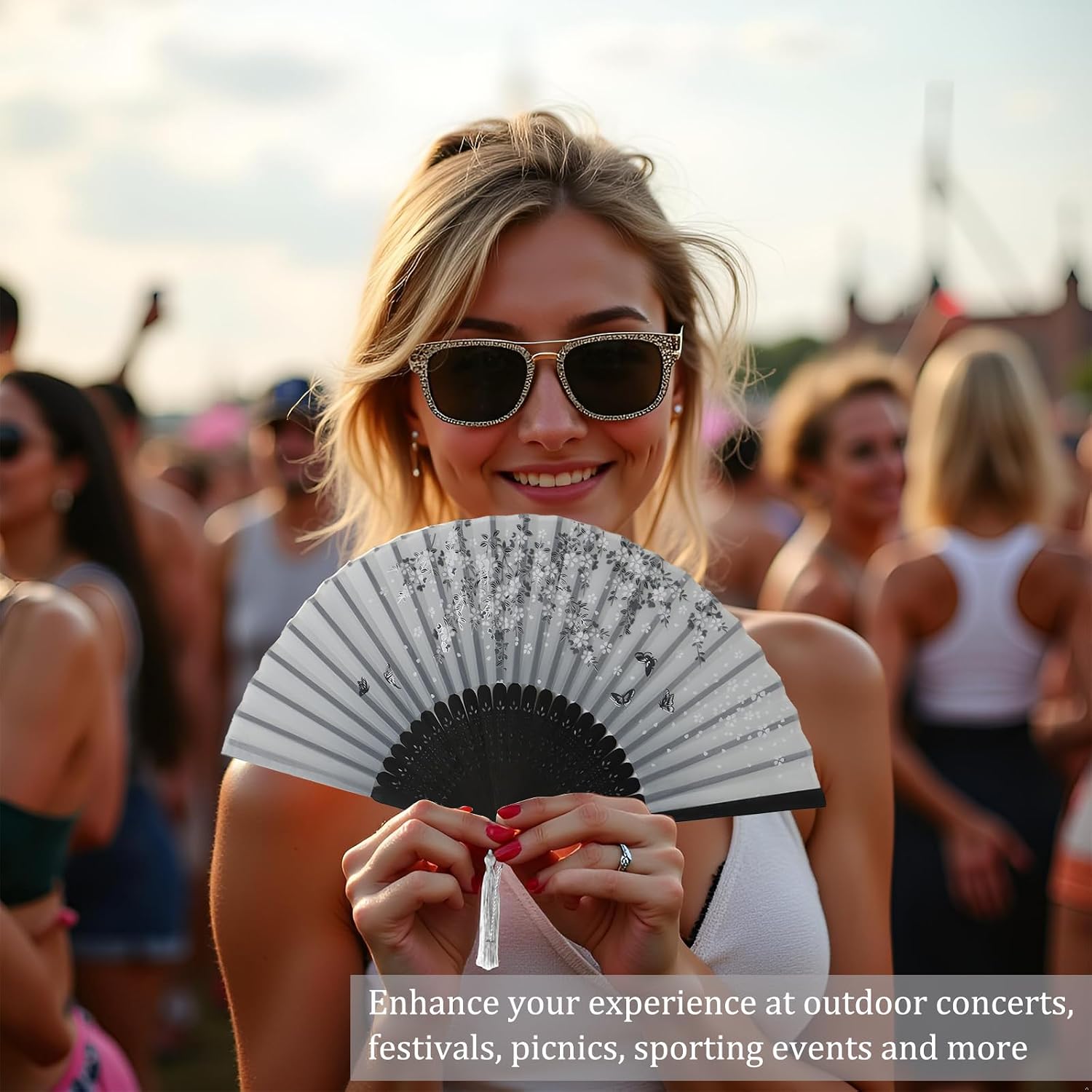 2Pcs Handheld Fan Foldable Folding Hand Fans for Women Dancing Party Cosplay Wedding, Black Bamboo Frame, Floral Butterfly Pattern