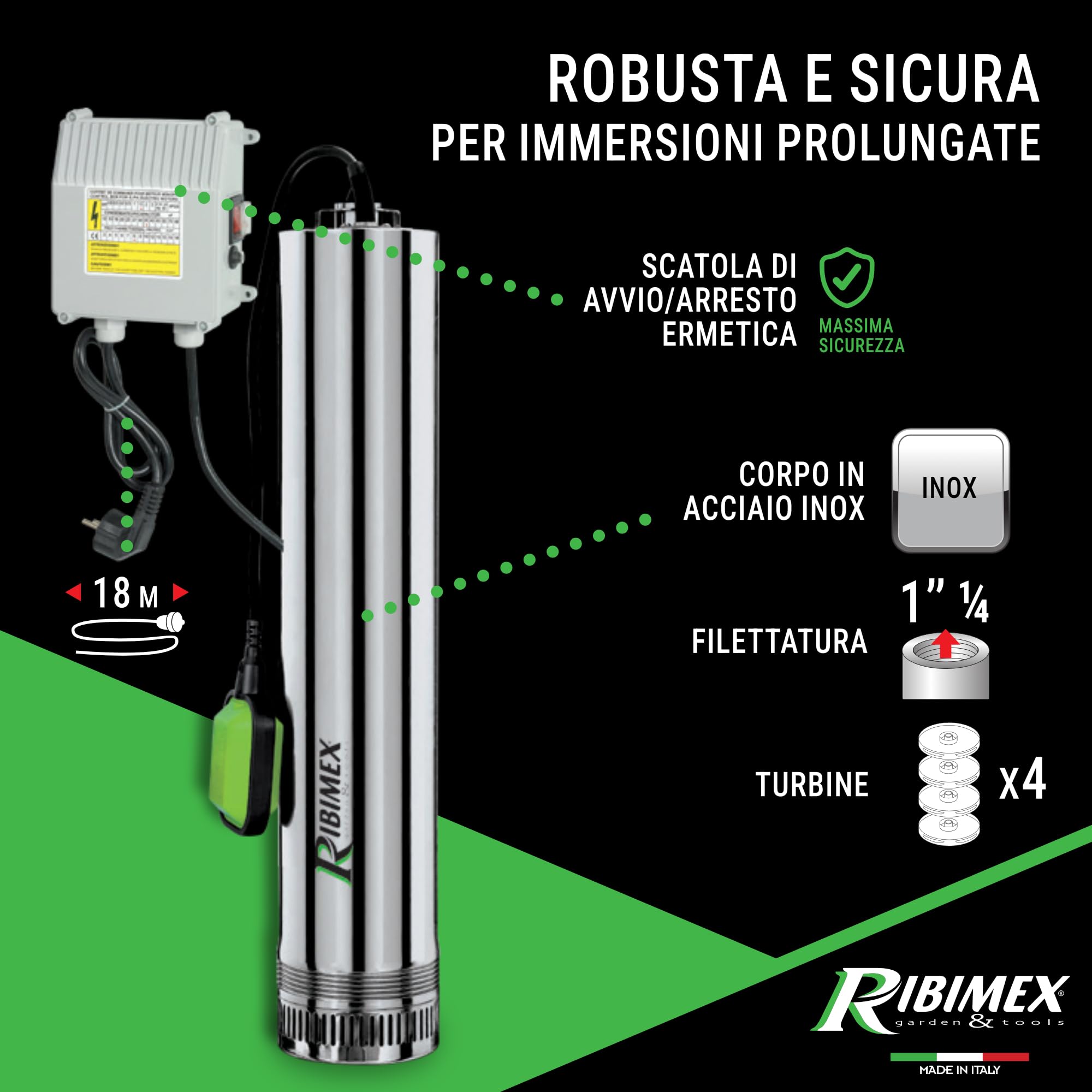 Ribimex Pompa Sommersa per Pozzi 4 Turbine, Acque Chiare, 750W, Portata 8000L/h, Immersione Max 15 m, Prevalenza 43 m, in Acciaio Inox, Ideale per Pozzi, Cisterne e Serbatoi - PRPVC751/43F
