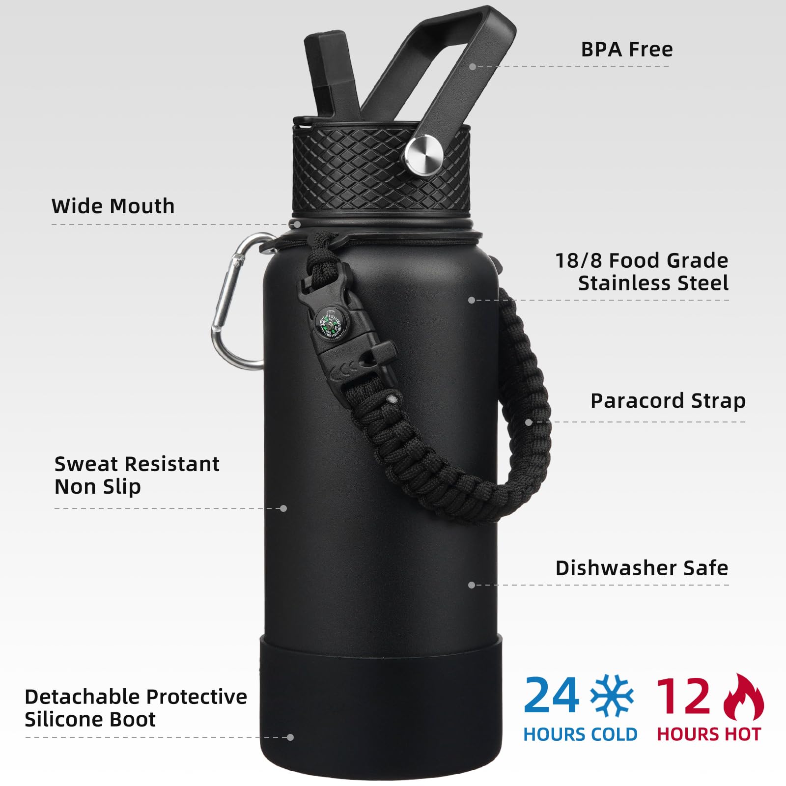 BJPKPK Botellas de agua aisladas de 32 onzas con 3 tapas, mango de paracaídas y funda antideslizante, botella de agua de metal de acero inoxidable, termo reutilizable sin BPA, vasos, color negro