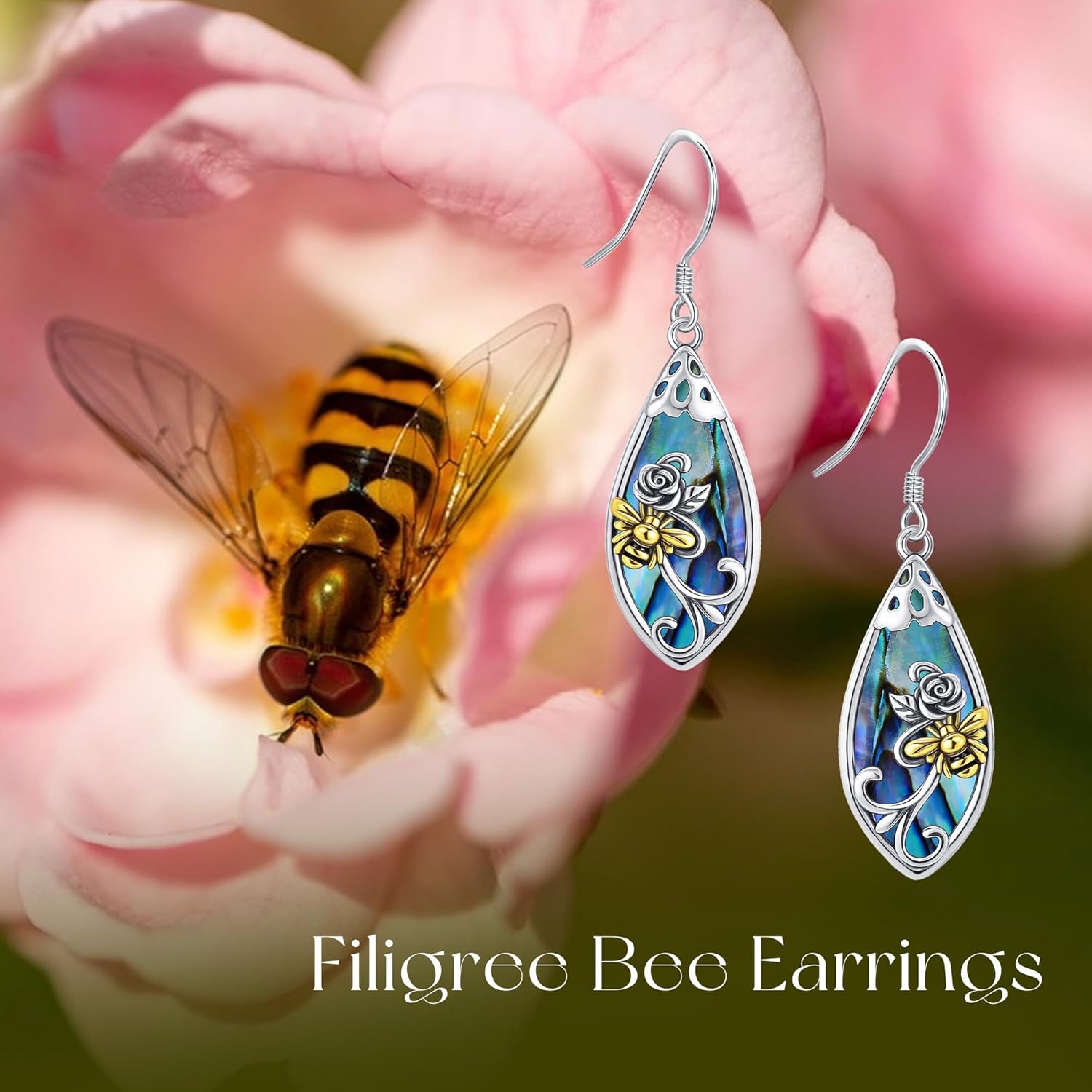 Bee Earrings Sterling Silver Abalone Shell Filigree Dangle Earring Bee Earrings Filigree Jewelry for Women