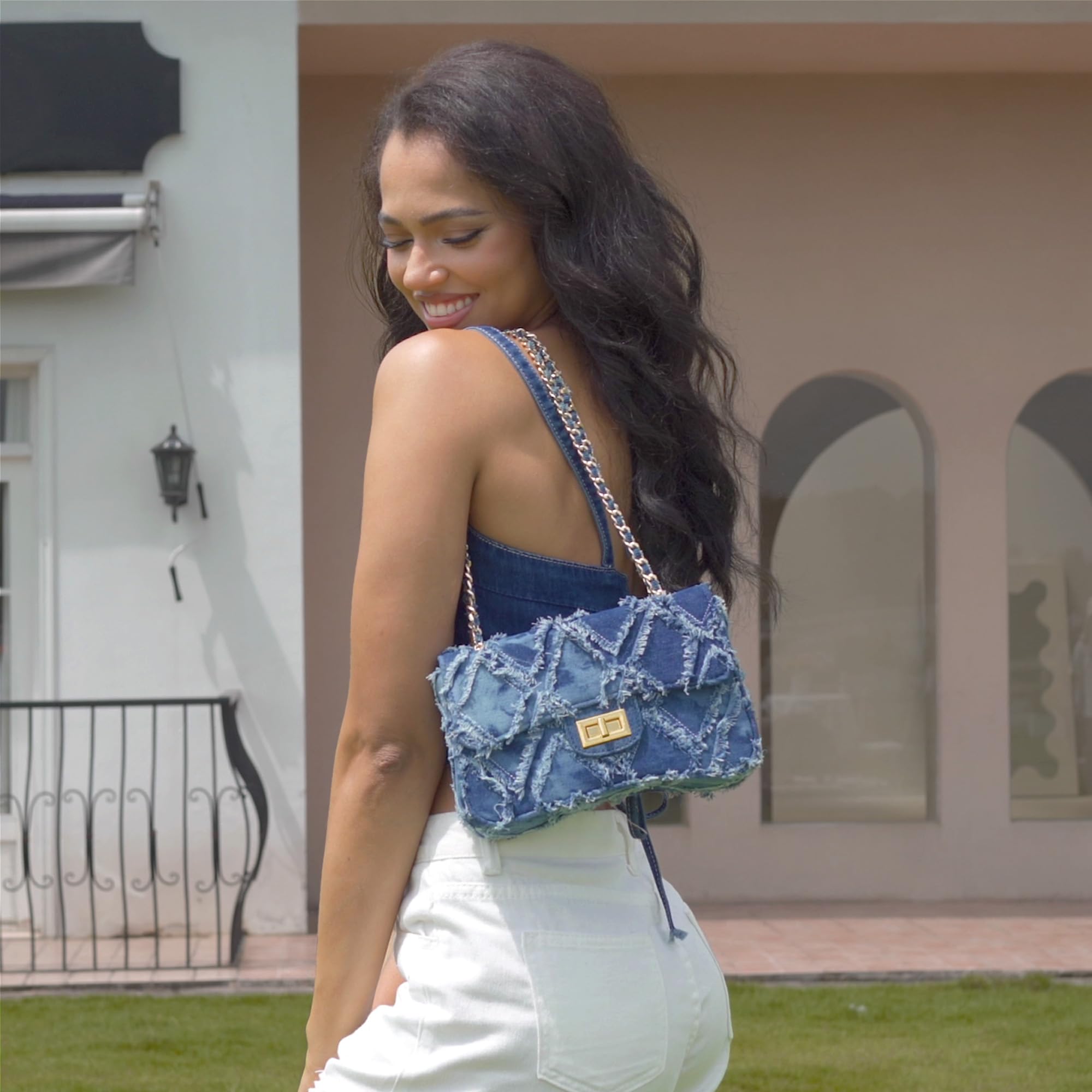 Damen-Umhängetasche, klein, gesteppt, Denim-Tasche, Kette, Clutch, Geldbörsen und Handtaschen oder Crossbody-Tasche für Abendveranstaltungen, formelle Partys