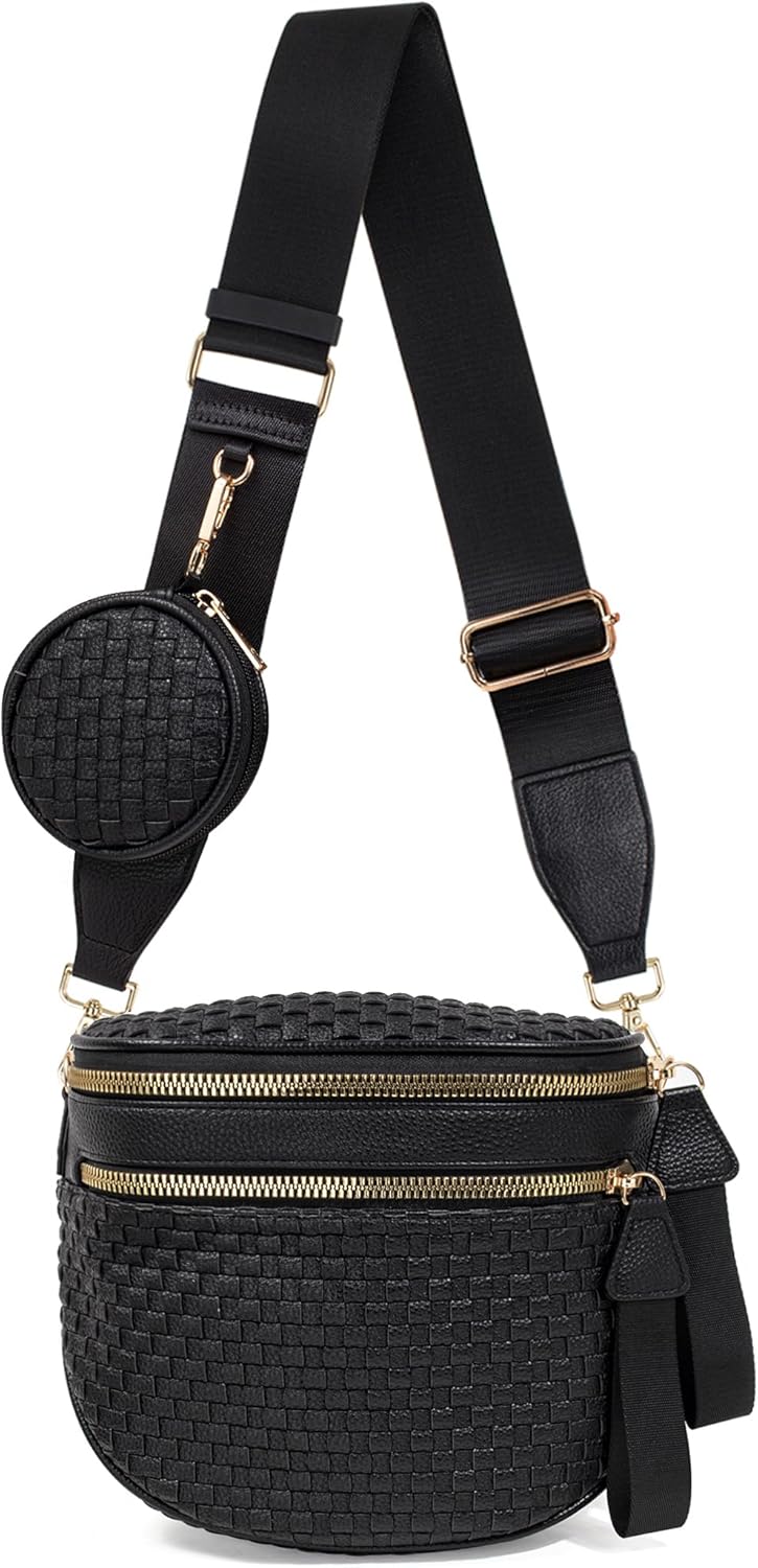 Valentoria Large Woven Leather Crossbody Bags for Women Checkered Bum Bag Sling Bag Purse Adjustable Strap Detachable Wallet | Woven, Checkered, Leather