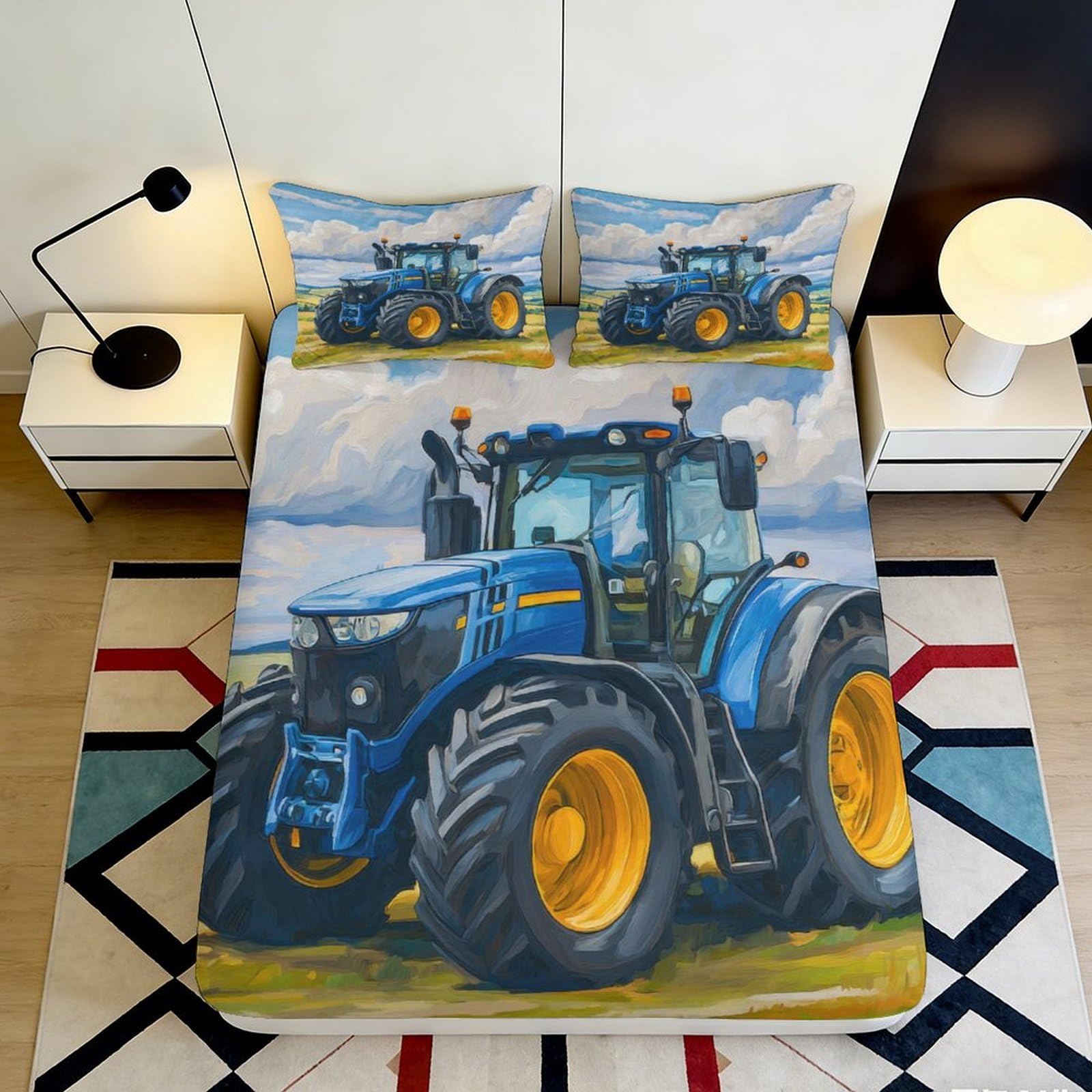 3D Printed Blue Tractor Fitted Sheet Microfiber Durable Soft 3D Printed Farm Vehicle Mattress Cover for Bedroom Dormitory Guest Room Protection 180x200x25cm