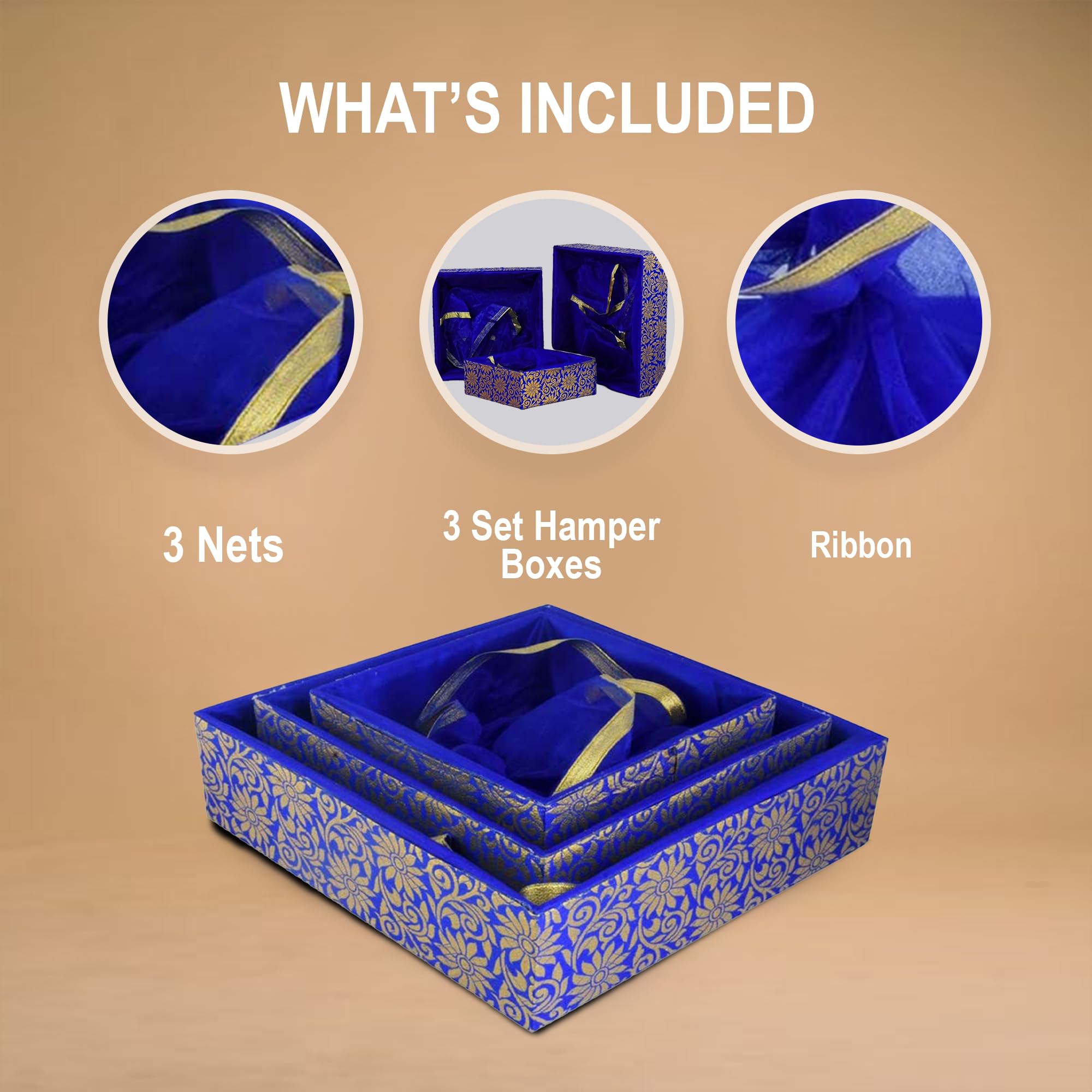 GROWNEX Set of 3 Rakhi Gift Hamper Baskets, Dry Fruits Storage, Wedding Shagun Trousseau Return Gift Trays, With Net, Baby Shower Baskets (Floral Blue) 3