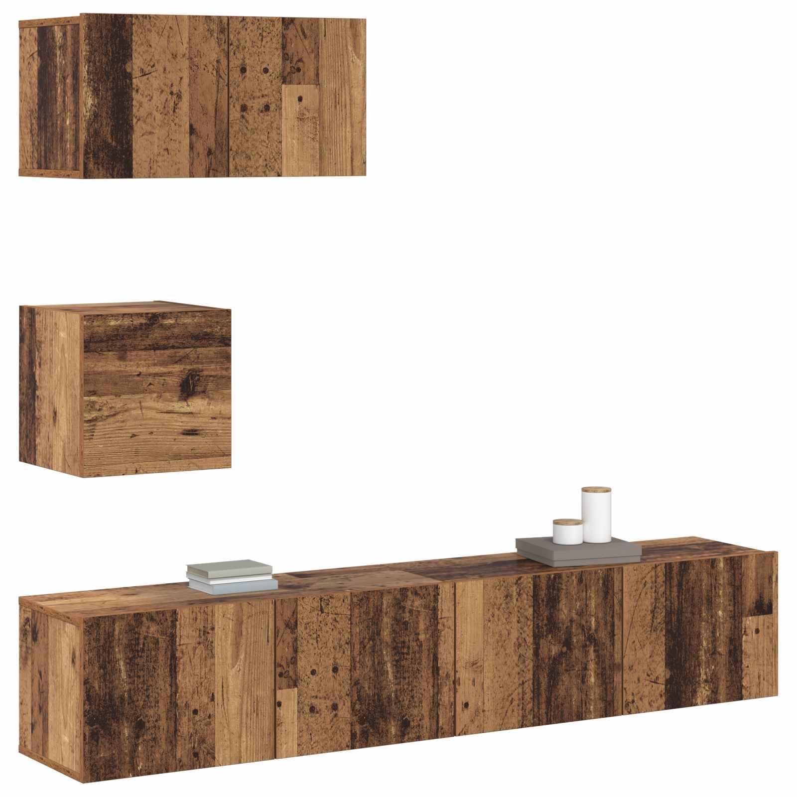 TV-Schrankset Wandmontiert 3-teilig, Altholz Holzwerkstoff, Modernes Media-Center für Wohnzimmer und Schlafzimmer, Platzsparendes Design mit Stauraum