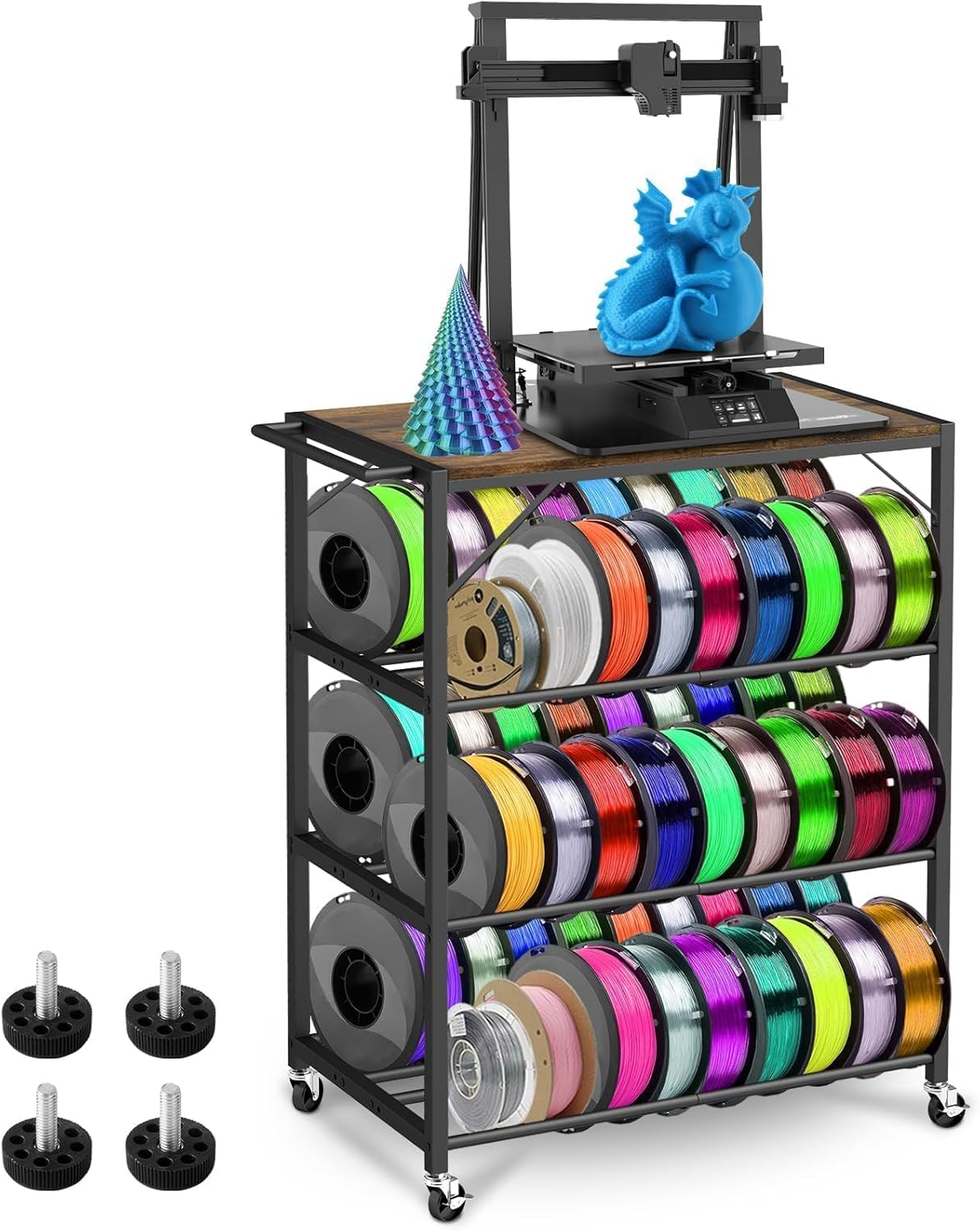 4-Tier 3D Printer Stand for Filament Storage,Heavy Duty 3D Printer Table Cart Holds 52 Spools,3D Printer Filament Rack with Wheels & Wood Top,3D Printers Cart for Workshop,Studio,Home Office (Brown)