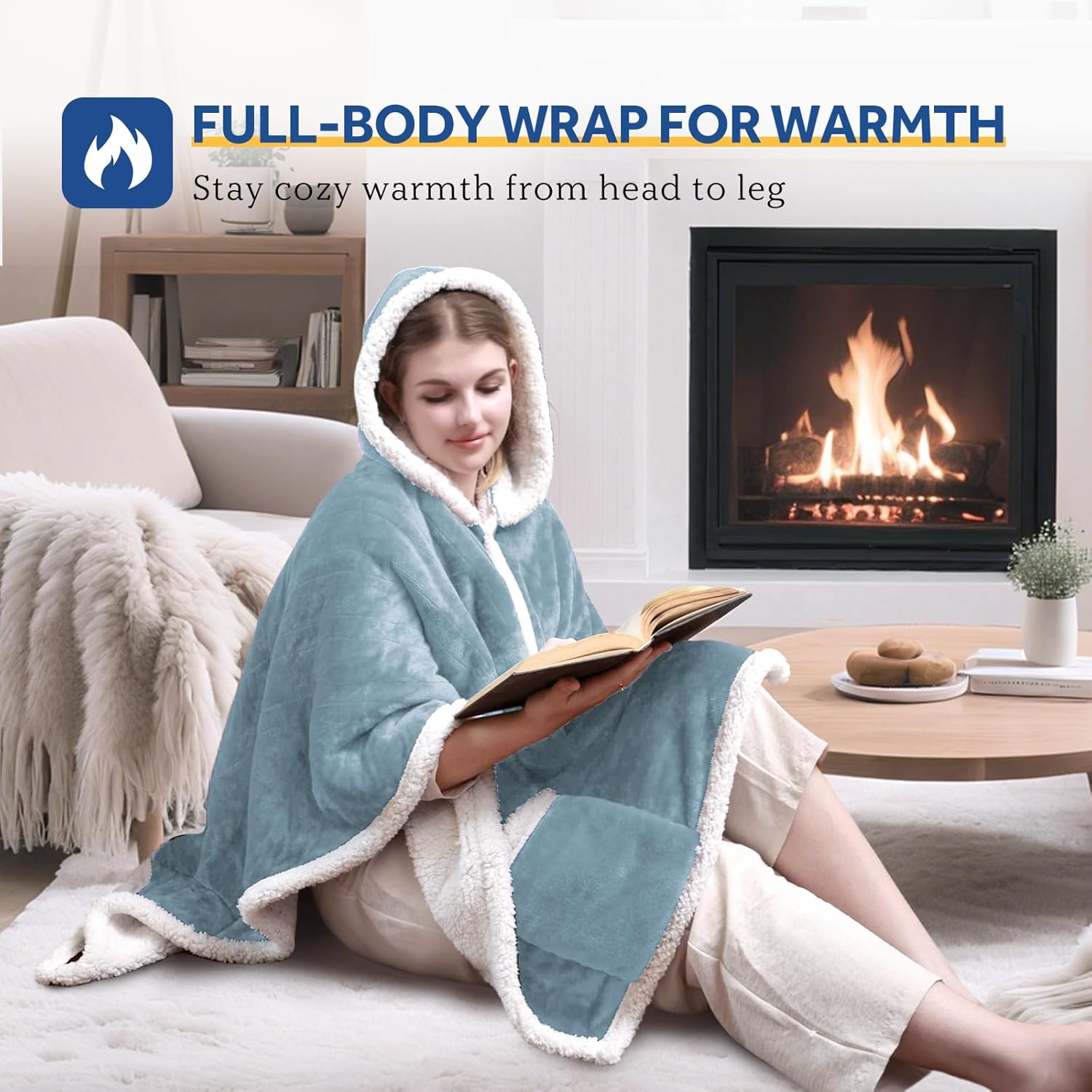 Sealy Heated Throw Wearable Shawl Wrap with Pockets, Reversible Flannel to Sherpa Electric Blanket Hoodie Poncho with 6 Heating Levels & 2-10 Hours Time Settings, 50 X 60 Inch, Light Blue - Image 2