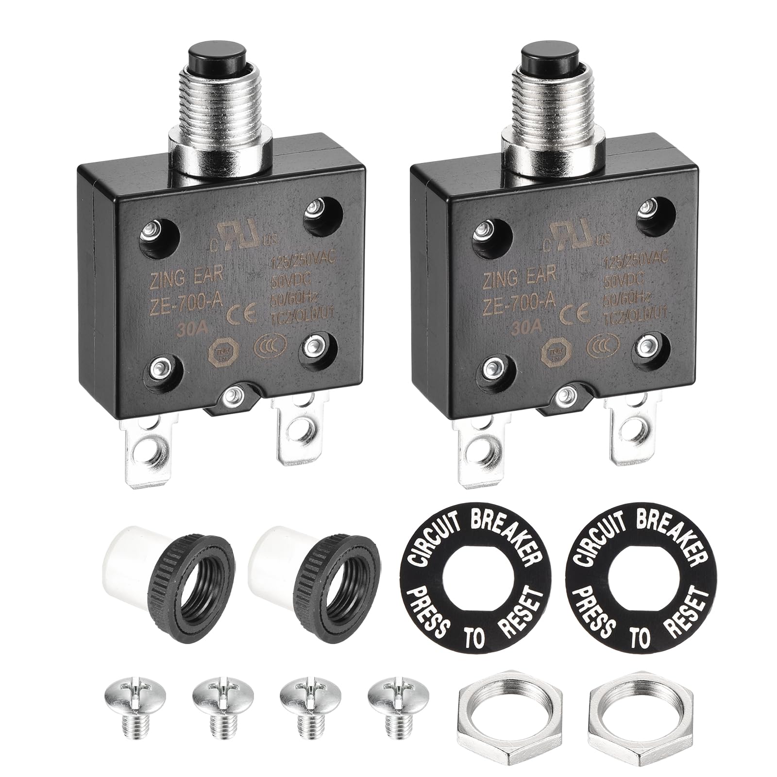 DMiotech 30A Thermal Circuit Breaker 125/250V AC 50V DC 50/60Hz 1.3x0.6x1.9" Push Button Manual Reset Overload Protector with Waterproof Button Cap for Overload Protection Application,2Pcs