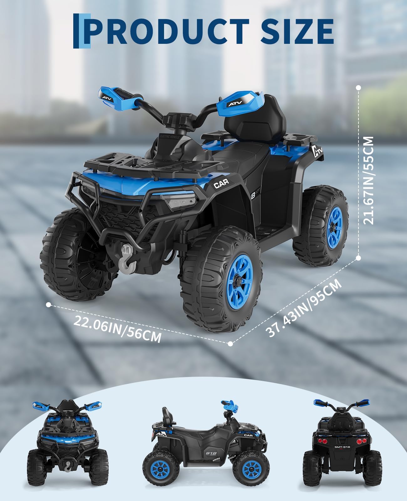 Quad Eléctrico Infantil 12V con Música y Luces, Vehículo Eléctrico con Doble Motor, USB y Bluetooth, Velocidad 3–5 km/h, Vehículo Todoterreno a Batería para Niños 3+ Años, Azul