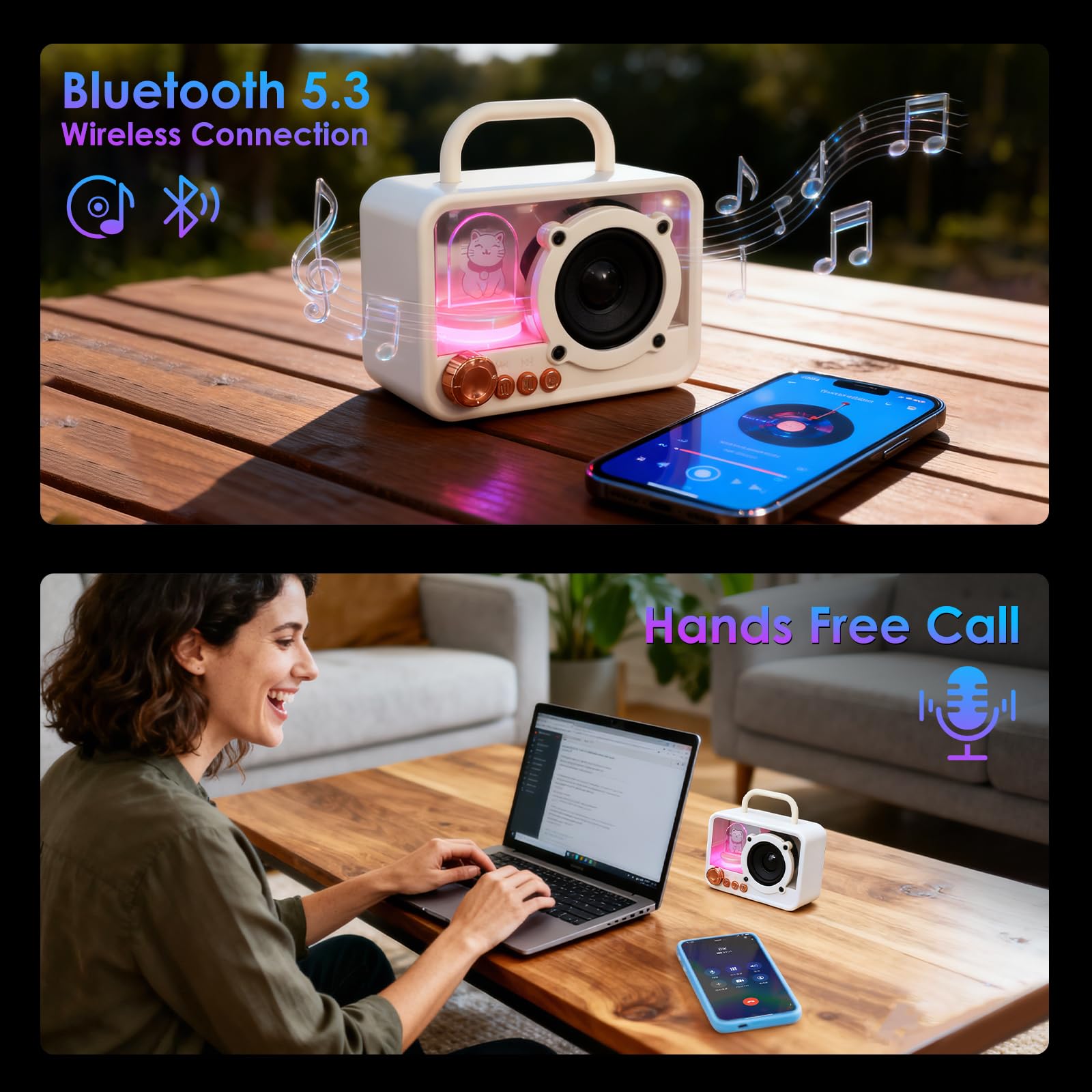 Tragbarer Bluetooth-Lautsprecher mit RGB-Lichtern, Stereo-Sound, druckvoller Bass, Mini-Bluetooth-Lautsprecher, niedlicher Mode-Stil für Küche, Schreibtisch, Schlafzimmer, Büro, Party
