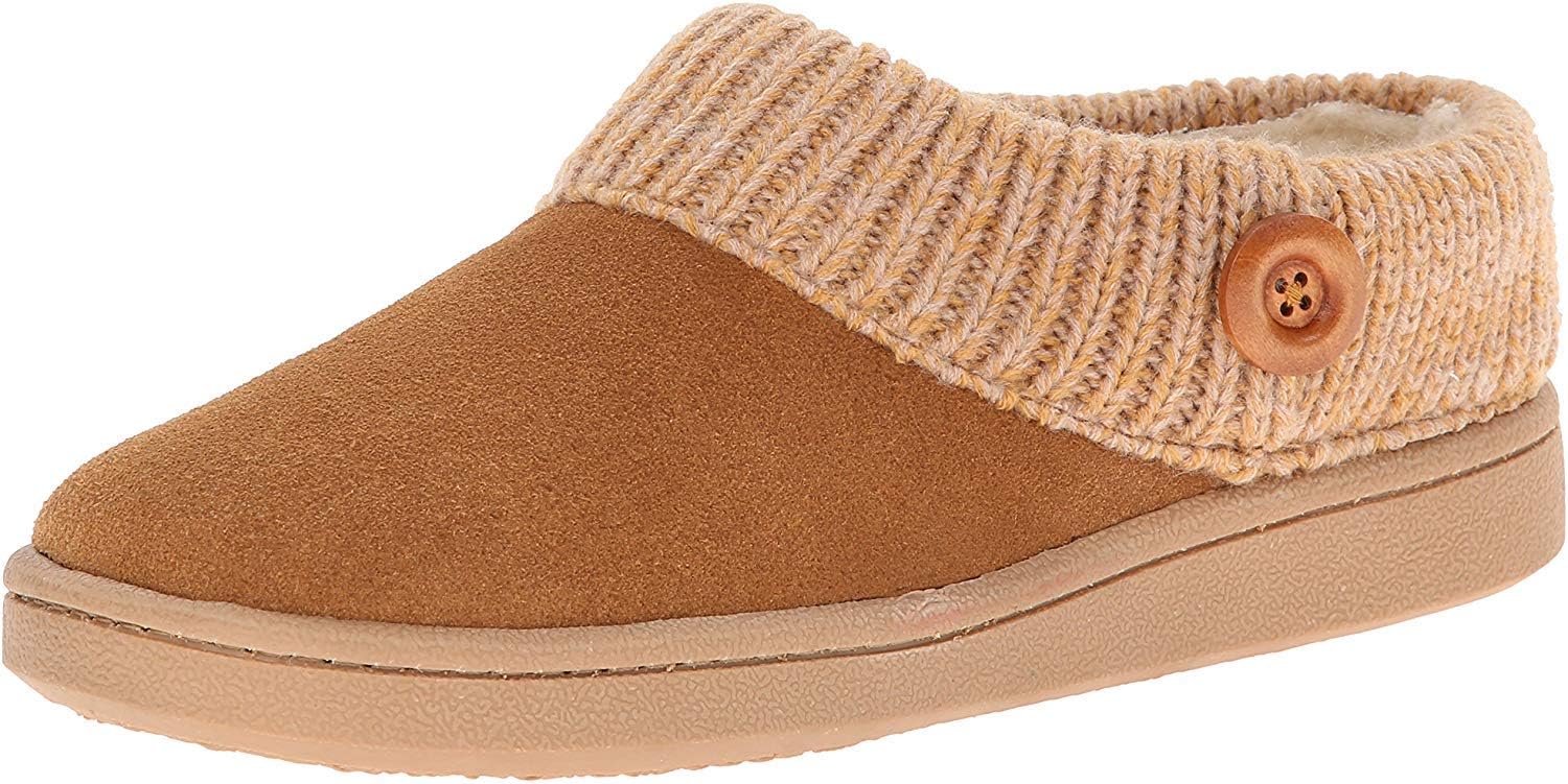 Clarks Women's Knitted Collar Suede Slippers - Faux Fur Lined, Indoor/Outdoor TPR Soles (Black, Size 11)