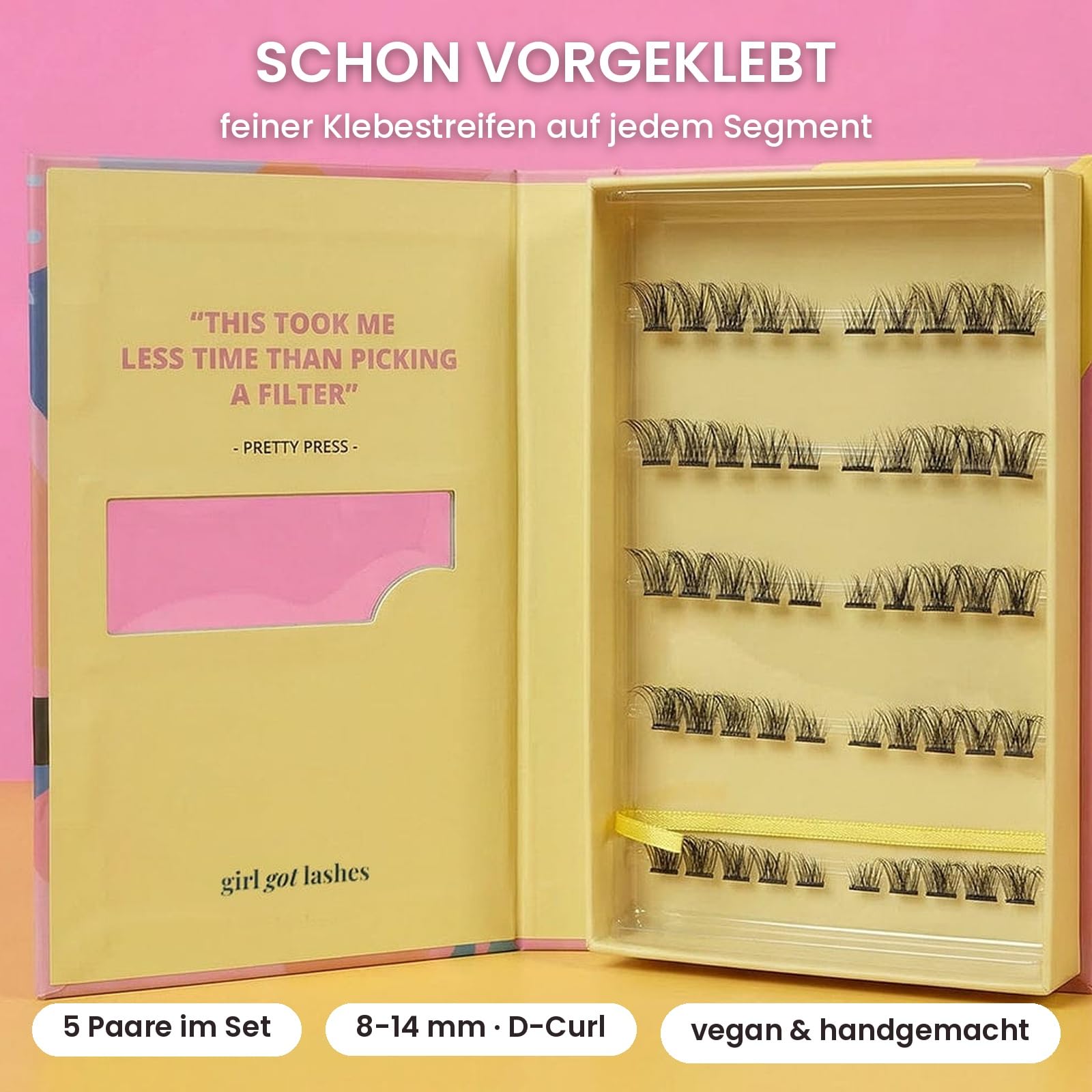 GirlGotLashes Pretty Press Pre-Glued Lashes 2.0, selbstklebende Wimpern im Cateye Look, D-Curl 8-14 mm, 5-7 Tage Halt, 5 Paar, DIY Wimpernverlängerung, vegan, dermatologisch getestet