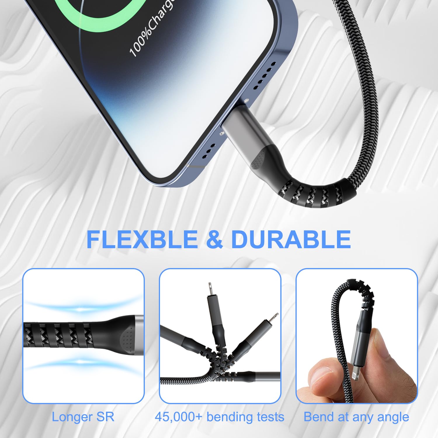 Cavo IPhone Lightning 2 Metri | 3 Pezzi Con Angolo Retto | Certificato MFi | Nylon Intrecciato | Per IPhone E IPad