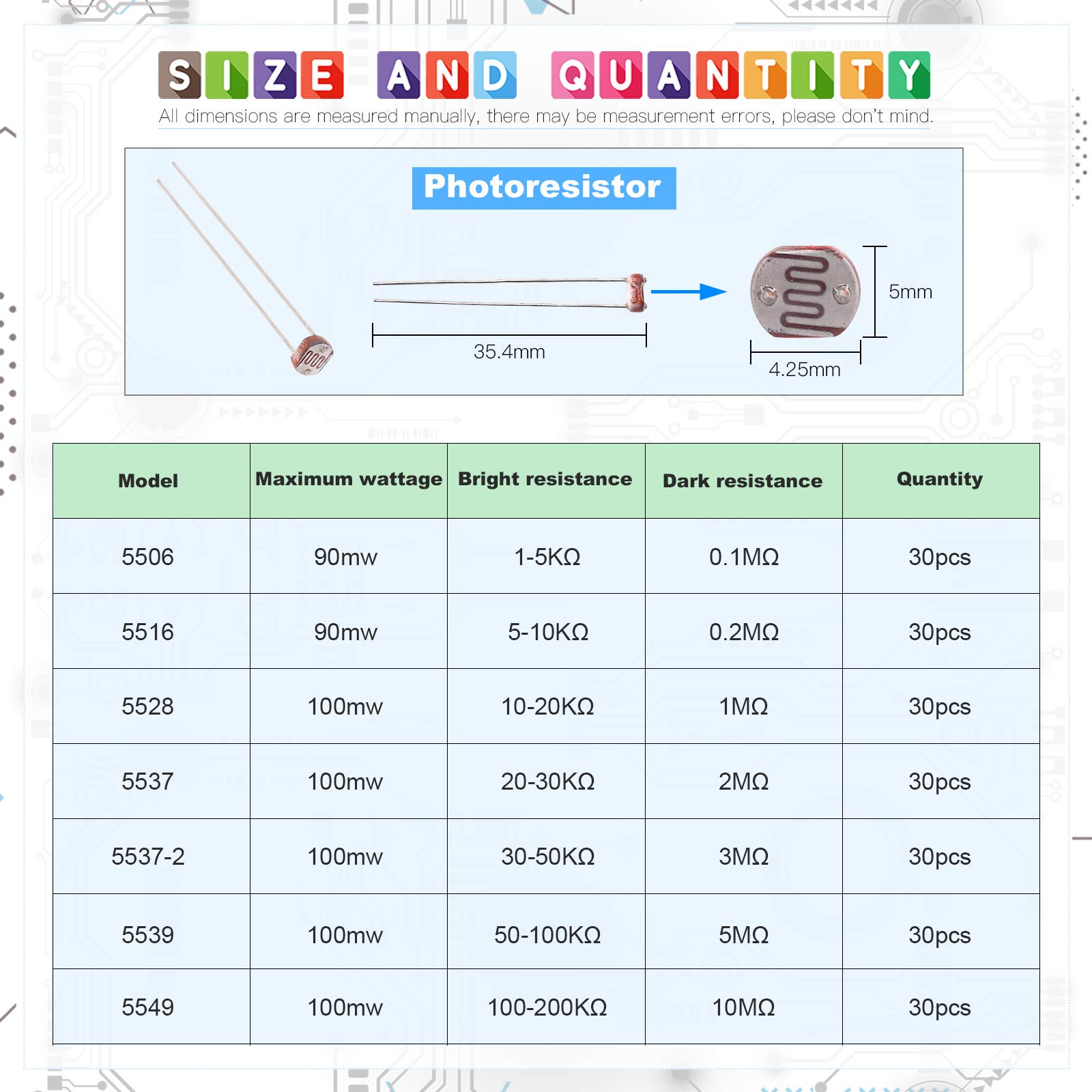 Kit De 70 Photorésistances Sensibles à La Lumière - 7 Valeurs Différentes