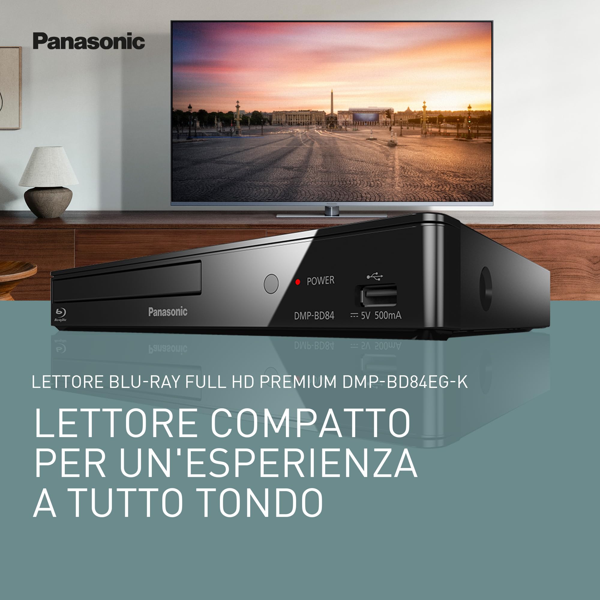 Panasonic DMP-BD84EG-K Lettore Blu-ray Disc/DVD 2D Smart Network, App Internet, Audio ad Alta Risoluzione, Riproduzione HDD Esterno, USB, Ethernet, Design Compatto, Nero