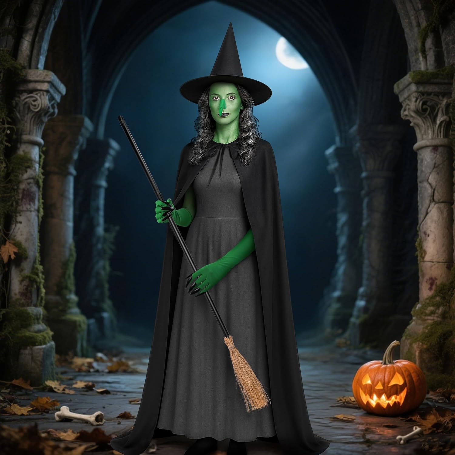 7 Pcs Halloween Green Nose Witch Costumes Set,Old Witch Costume with Broom,Halloween Witches Costume for Women Cosplay Props Party Outfits - Image 6