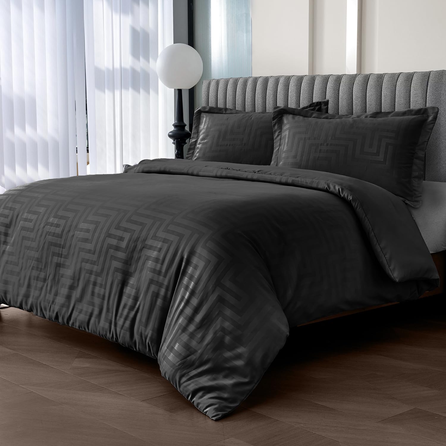 Velosso Sateen Touch Single Bed Duvet Cover Set, Greek Style Scroll Design, Hotel Quality 2 Piece Bedding Set with 1 Oxford Pillowcase, Button Closure (Black)