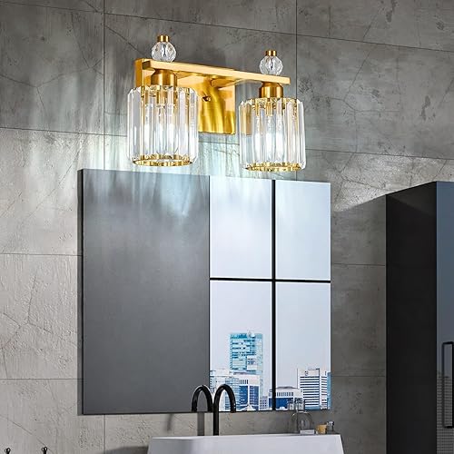 Miniatura 6 de Luces de tocador de baño 2 luces doradas modernas con cristal, accesorios de iluminación de tocador con cristal para baño, sobre espejo, accesorios
