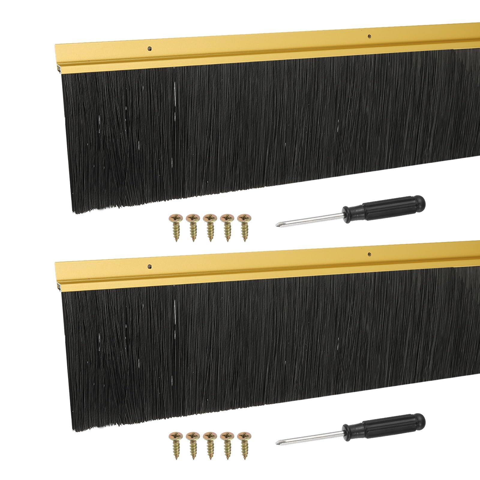 YELARXI Door Sweep Aluminum Alloy Brush Sweeps, 70mm Black PP Brush 1000 x 95mm Fit for Gaps of Door Bottom - H-Shape Holder (2 Pcs, Gold)