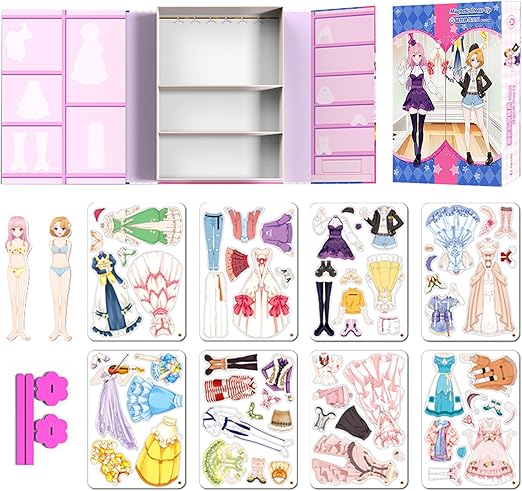 Magnetic Dress Up Paper Doll Pretend Play Game Toys,Dollhouse Magnet People Clothes Puzzles Development for 3+ Year Old Girls Toddler,Preschool Learning Created Imagine Birthday Gift (A Set)