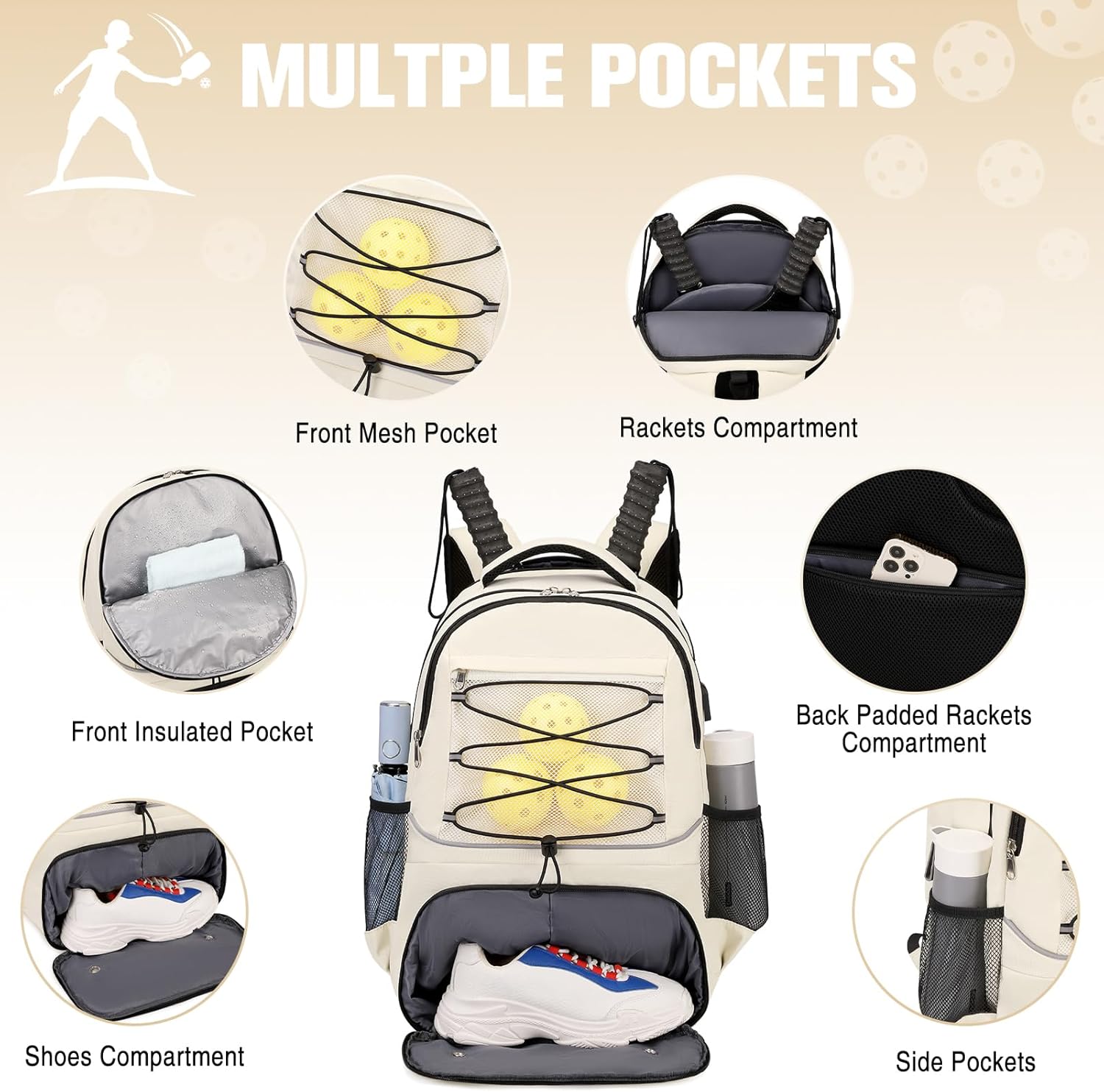 Bevalsa Pickleball Bag for Women Men Teens, Tennis Bag with Shoe Compartment, Multifunctional Sports Padel Racket Bag Badminton Backpack Fits 4 Rackets with Fence Hook - Image 2