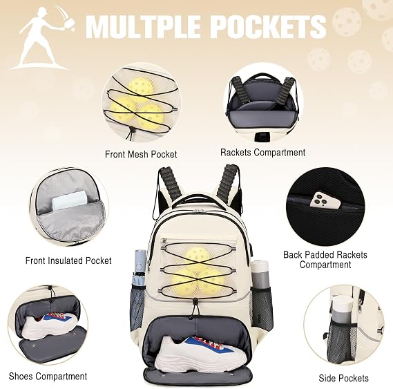Bevalsa Pickleball Bag for Women Men Teens, Tennis Bag with Shoe Compartment, Multifunctional Sports Padel Racket Bag Badminton Backpack Fits 4 Rackets with Fence Hook