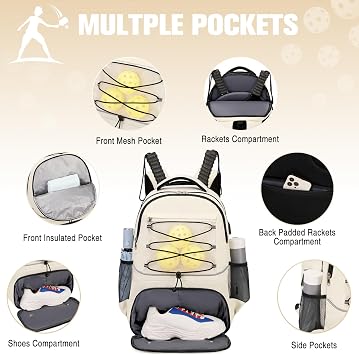 Bevalsa Pickleball Bag for Women Men Teens, Tennis Bag with Shoe Compartment, Multifunctional Sports Padel Racket Bag Badminton Backpack Fits 4 Rackets with Fence Hook