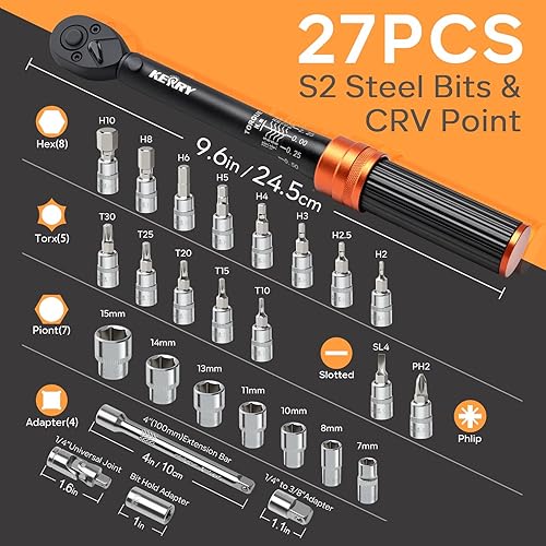 Miniatura 2 de Kerry Juego de 27 llaves dinamométricas de bicicleta de 14 pulgadas, 20-240 LB.IN2.3-27.1 Nm, doble escala con enchufes de puntas de accesorios,