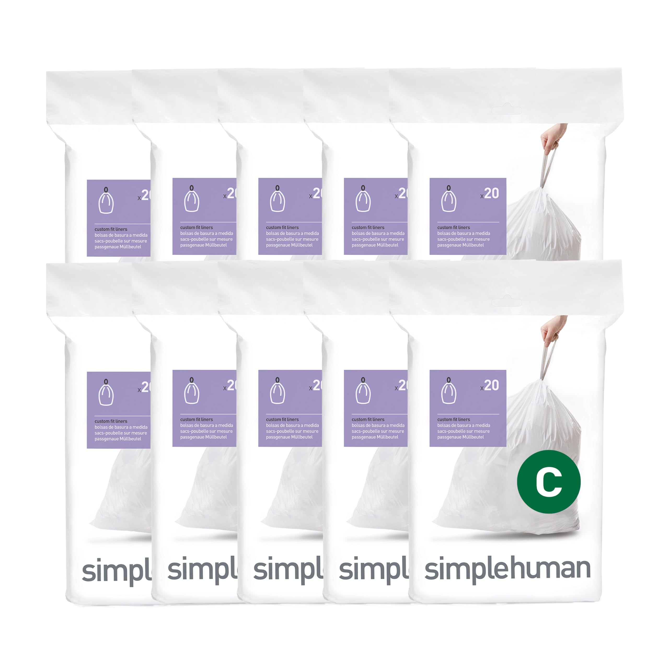 simplehuman Code C 200 Count, Dispenser Packs Custom Fit Liners, Drawstring Trash Bags, 10-12 Liter / 2.6-3.2 Gallon, White-image-47