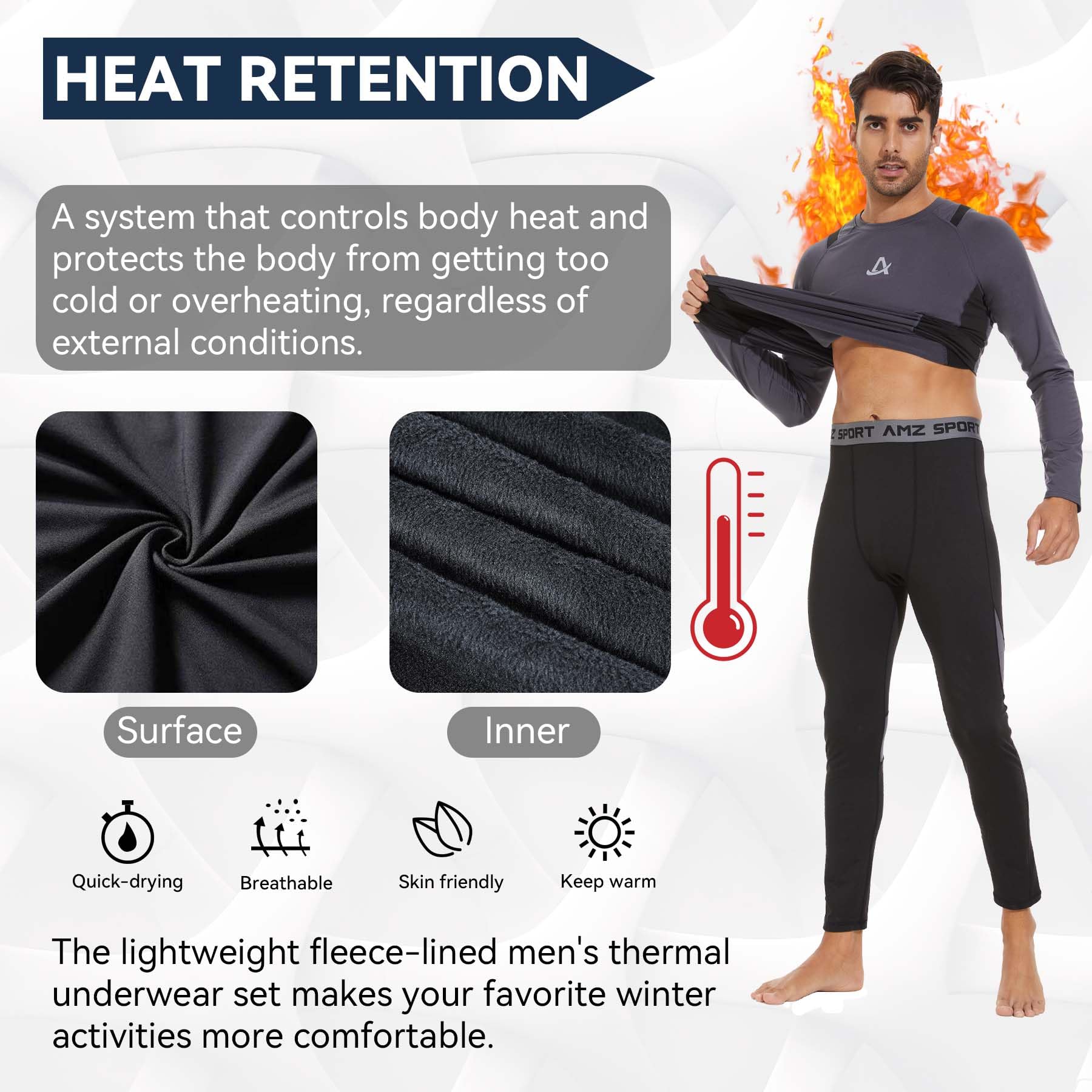 AMZSPORT Intimo Termico Uomo Set di Maglietta e Pantaloni a Compressione Asciugatura Rapida per Sci Palestra Ciclismo Calcio Corsa