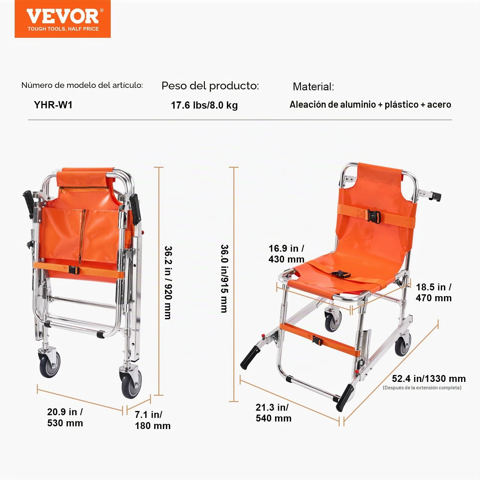 VEVOR Silla de Evacuación de Escaleras Silla de Transporte de Ambulancia Carga de 158 kg con 2 Ruedas Silla de Ruedas Transporte de Emergencia Portátil Plegable para Ancianos, Discapacitados, Bomberos